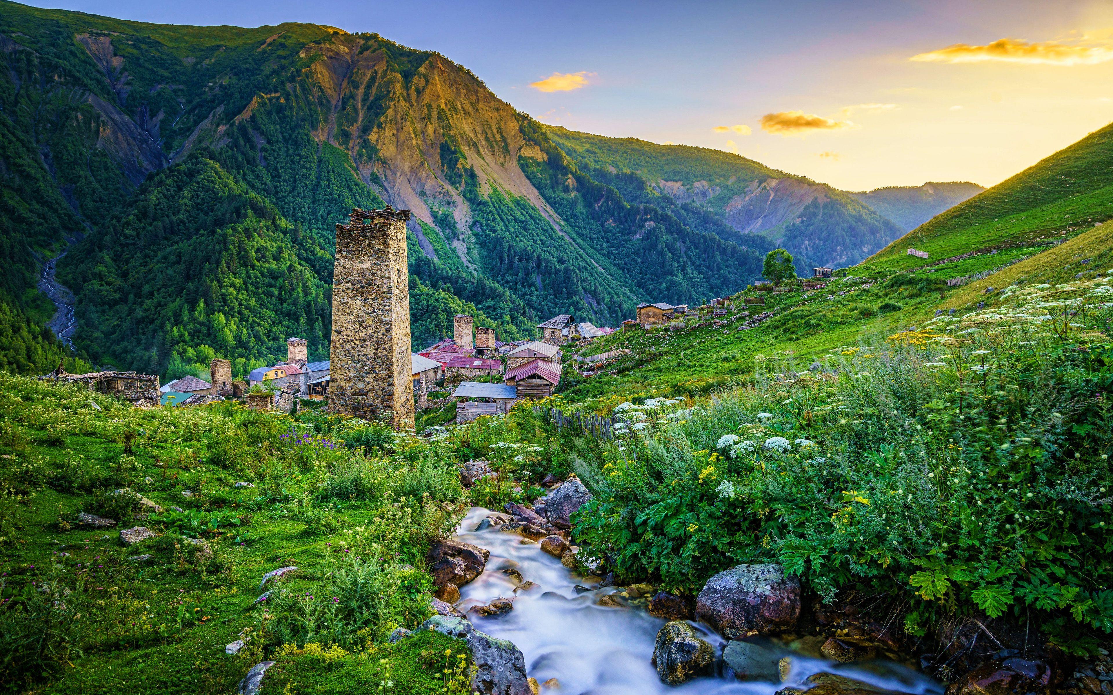3840x2400 Download wallpaper Adishi, 4k, village, summer, beautiful nature, Upper Svaneti, Georgia, Asia, georgian nature, mountains for desktop with resolution 3840x2400. High Quality HD picture wallpaper