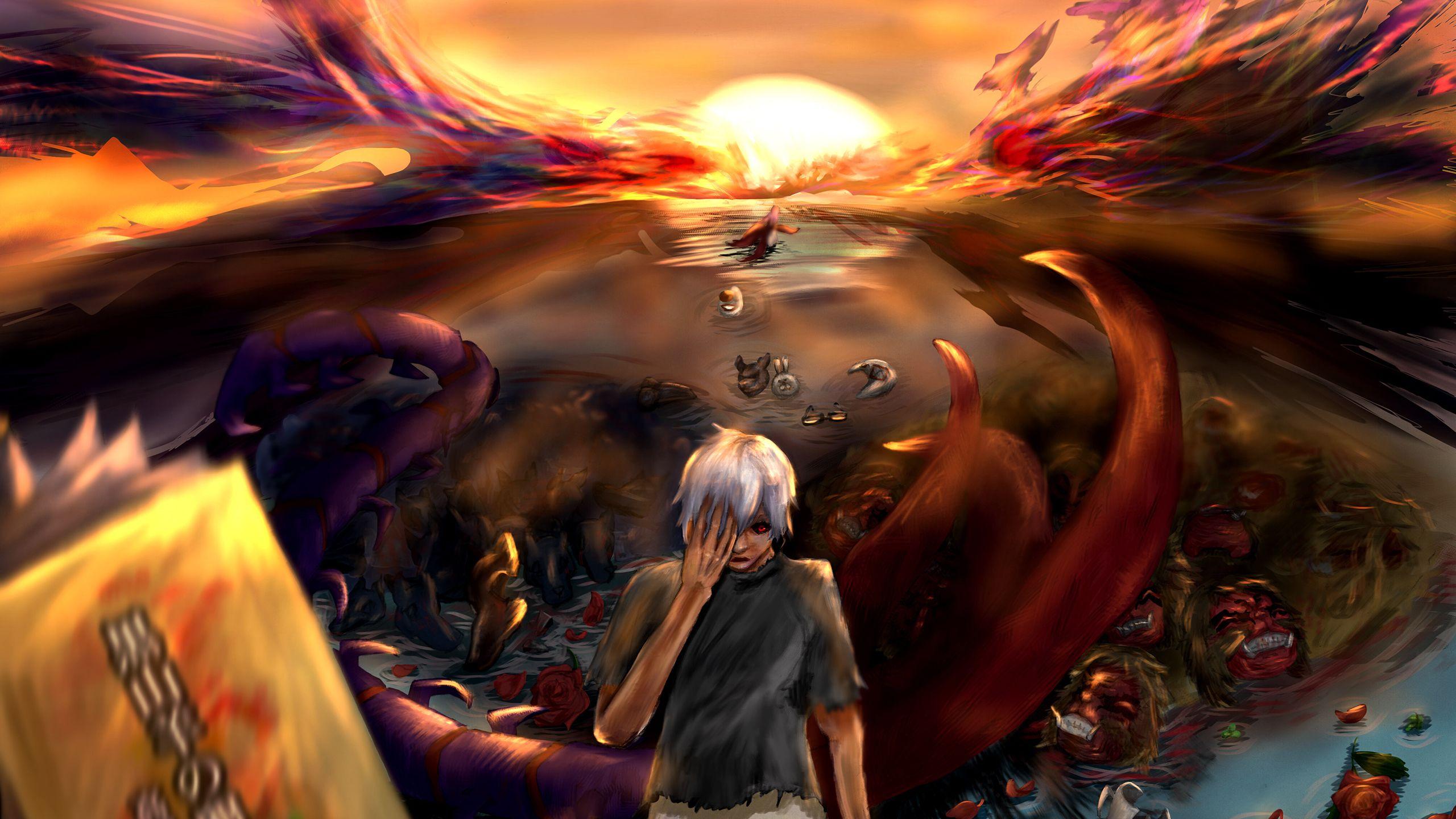 2560x1440 Ken Kaneki Kagune Mask During Sunset 4K HD Tokyo Ghoul Wallpaper