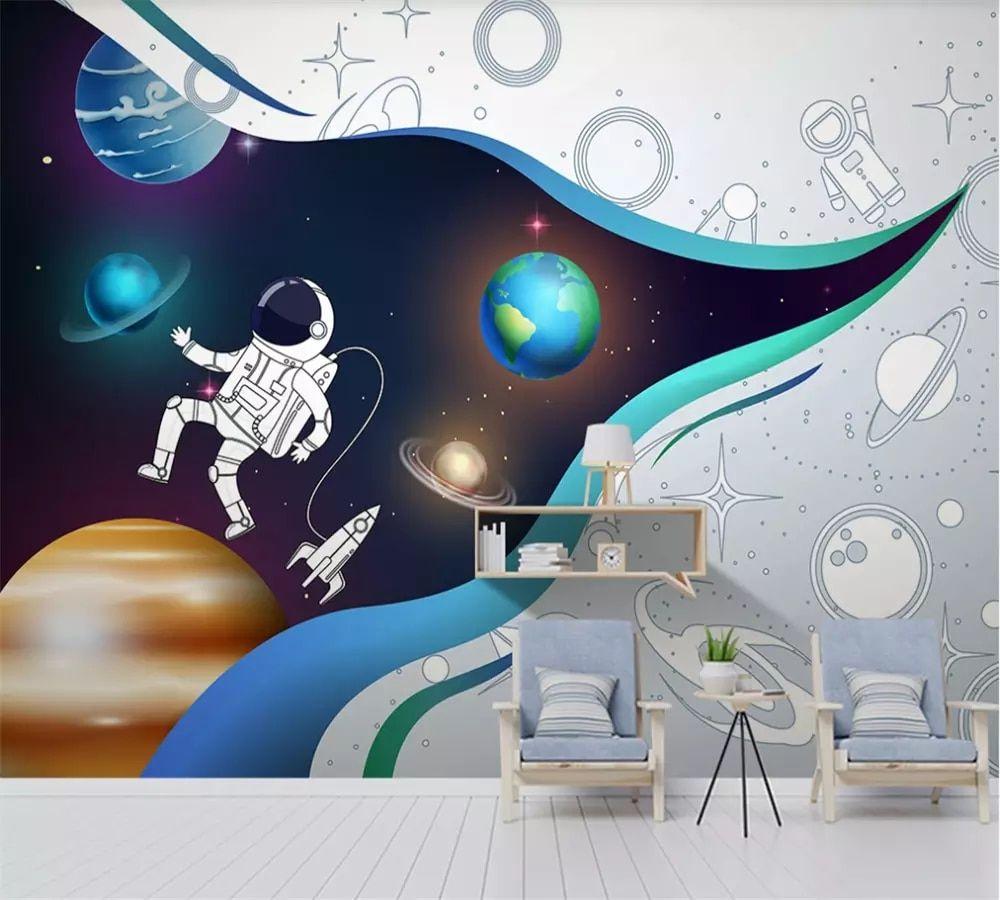 1000x900 Custom 3D wallpaper modern minimalist starry sky space astronaut children cartoon children's room background wall painting. Fabric & Textile Wallcoverings