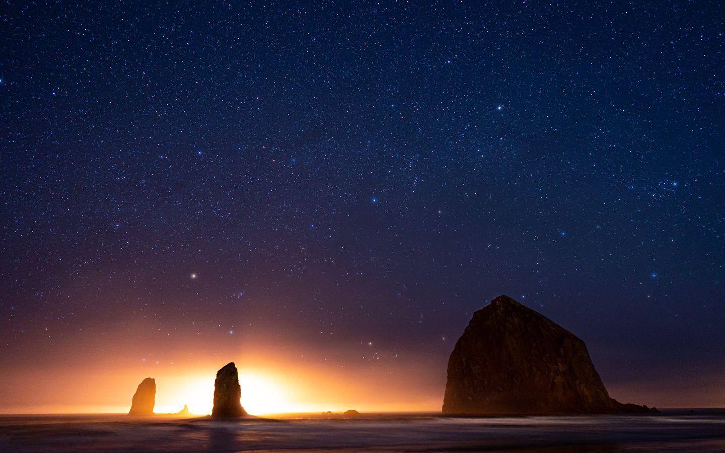 1440x900 Beautiful Night In Cannon Beach At Haystack Rocks 5k 1440x900 Resolution HD 4k Wallpaper, Image, Background, Photo and Picture
