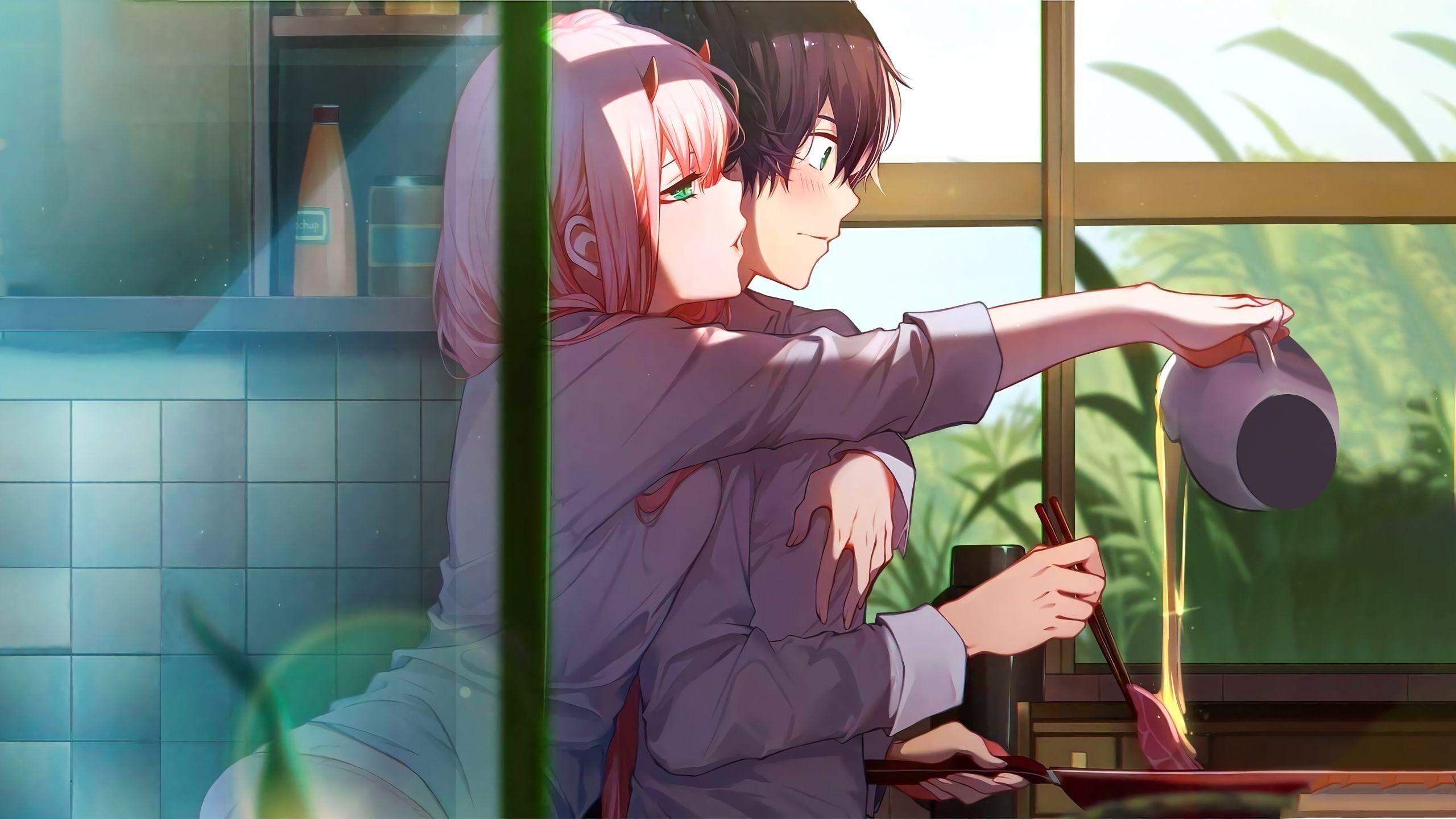 2560x1440 darling in the franxx zero two and hiro in kitchen with background of window HD anime Wallpaper