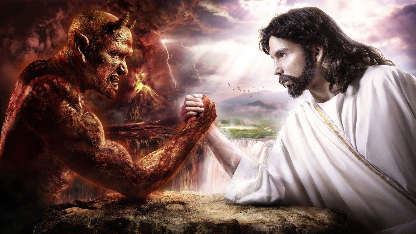 1366x768 Devil, Jesus Christ, Digital art, Fantasy art, Religion, Hell, Heaven and Hell Wallpaper HD / Desktop and Mobile Background