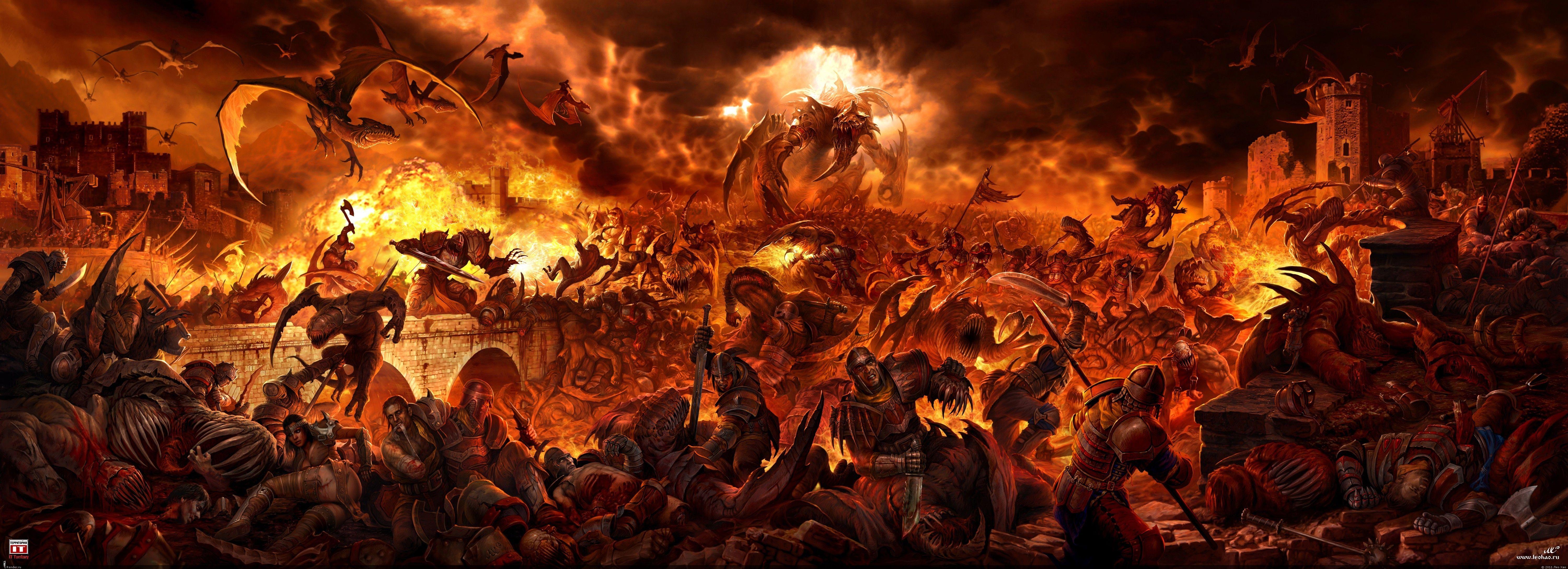 6000x2179 #hell, #digital art, #fantasy art, wallpaper. Mocah HD Wallpaper