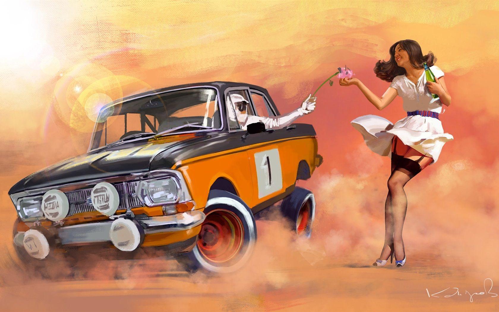 1680x1050 Wallpaper Rally, car and girl, art painting 1920x1080 Full HD 2K Picture, Image