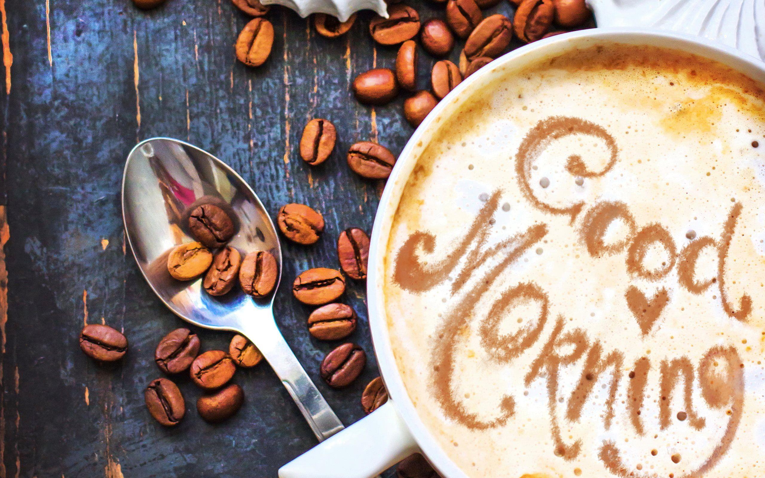 2560x1600 Download wallpaper Good Morning, coffee, foam, coffee beans for desktop with resolution 2560x1600. High Quality HD picture wallpaper