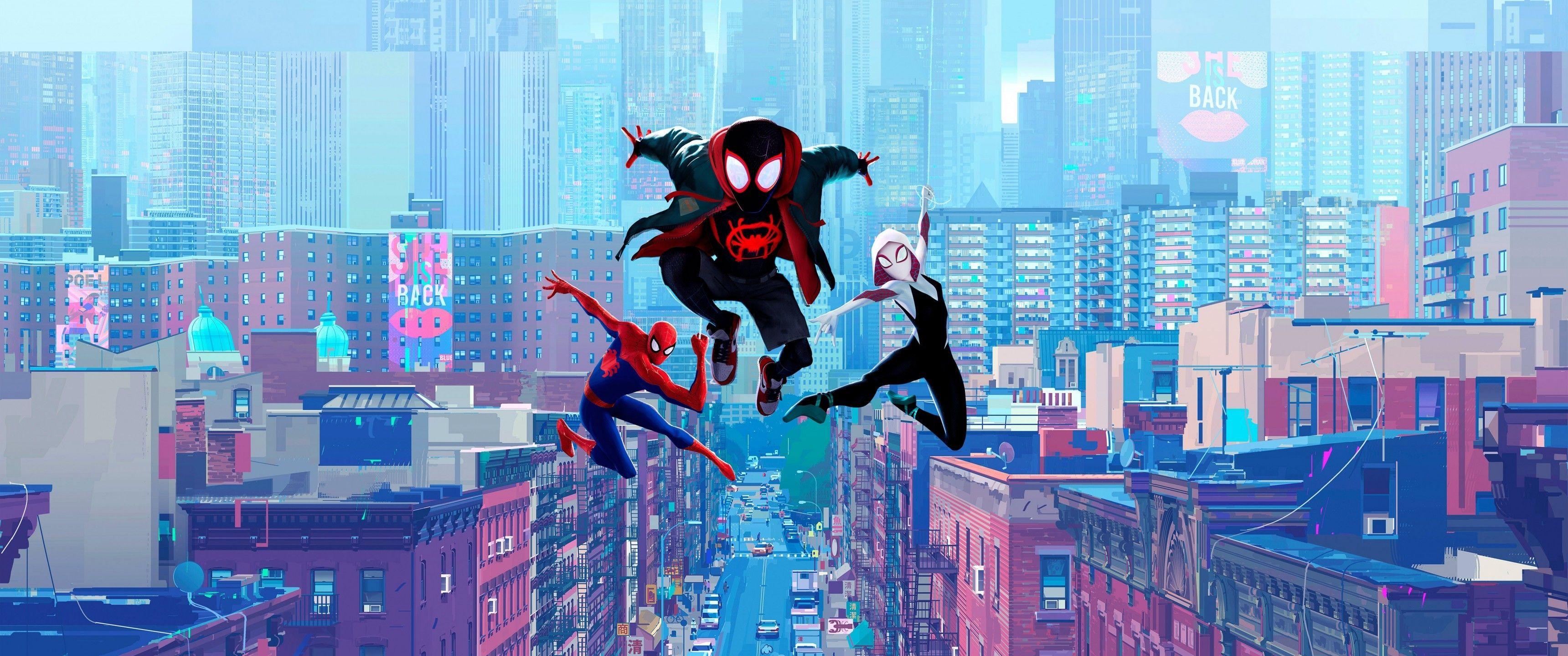 3440x1440 Download 3440x1440 Miles Morales, Gwen, Animation, Jumping, Buildings, Spider Man: Into The Spider Verse Wallpaper