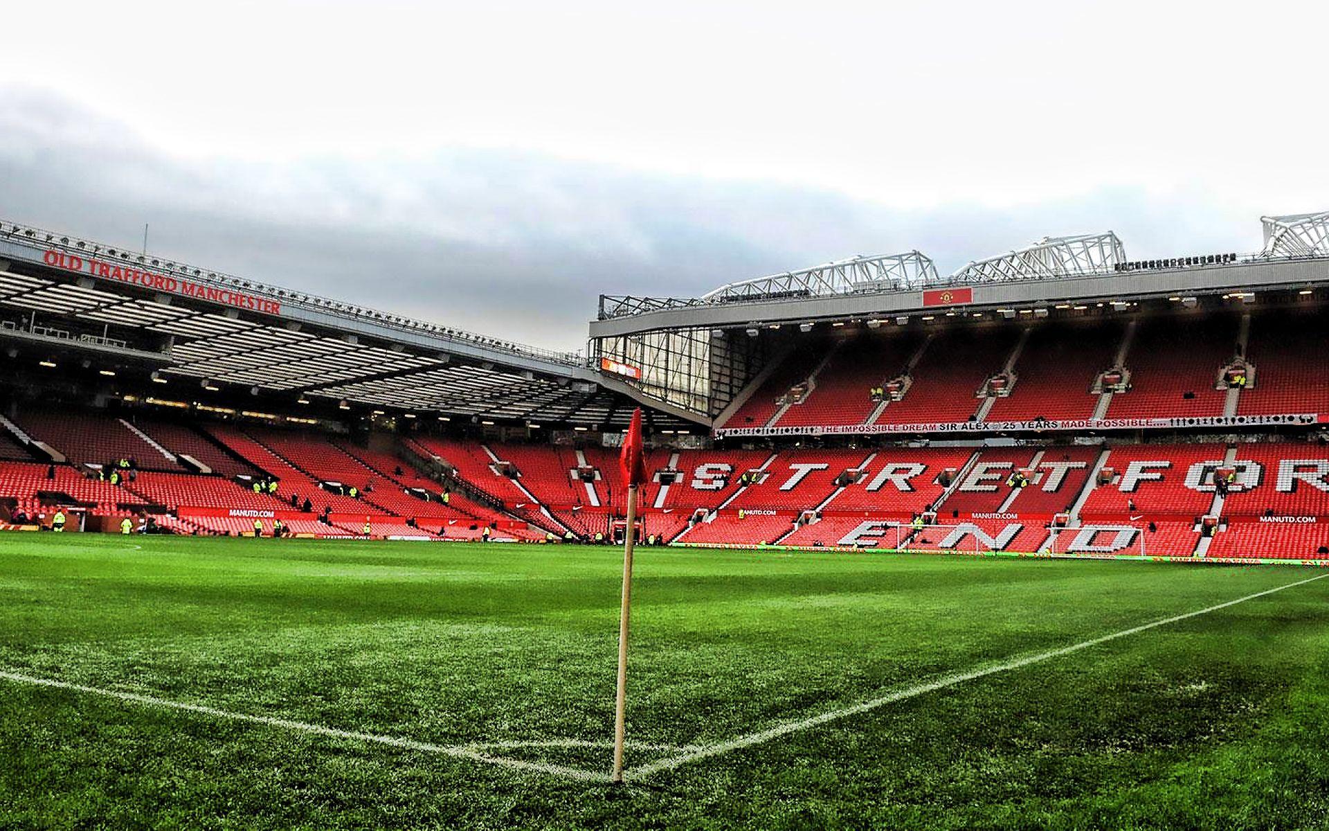 1920x1200 Download wallpaper Manchester United Stadium, corner flag, soccer, empty stadium, Old Trafford, football stadium, Manchester United FC, Old Trafford Stadium for desktop with resolution 1920x1200. High Quality HD picture wallpaper