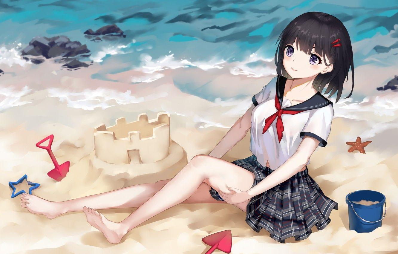 1332x850 Wallpaper sand, sea, beach, girl, bucket, blades, sand castle image for desktop, section арт