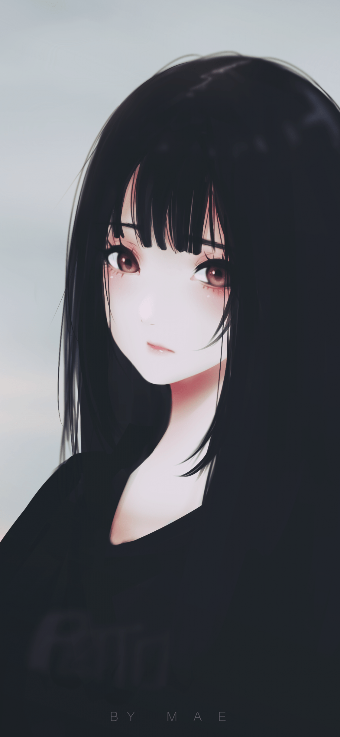 1125x2436 Download 1125x2436 Anime Girl, Black Hair, Sad Expression, Semi Realistic Wallpaper for iPhone 11 Pro & X