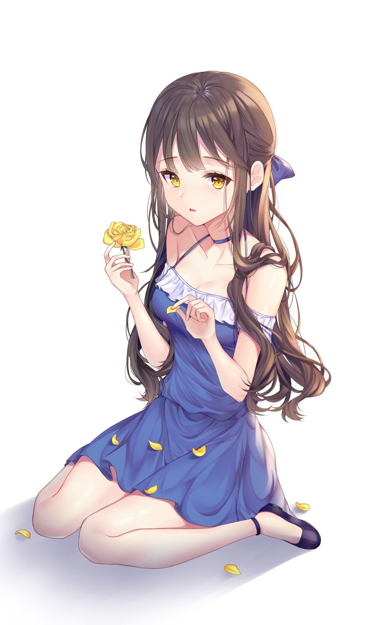 1280x2120 cute anime girl wallpaper, cartoon, anime, long hair, kneeling, brown hair, hime cut, sitting, illustration, black hair