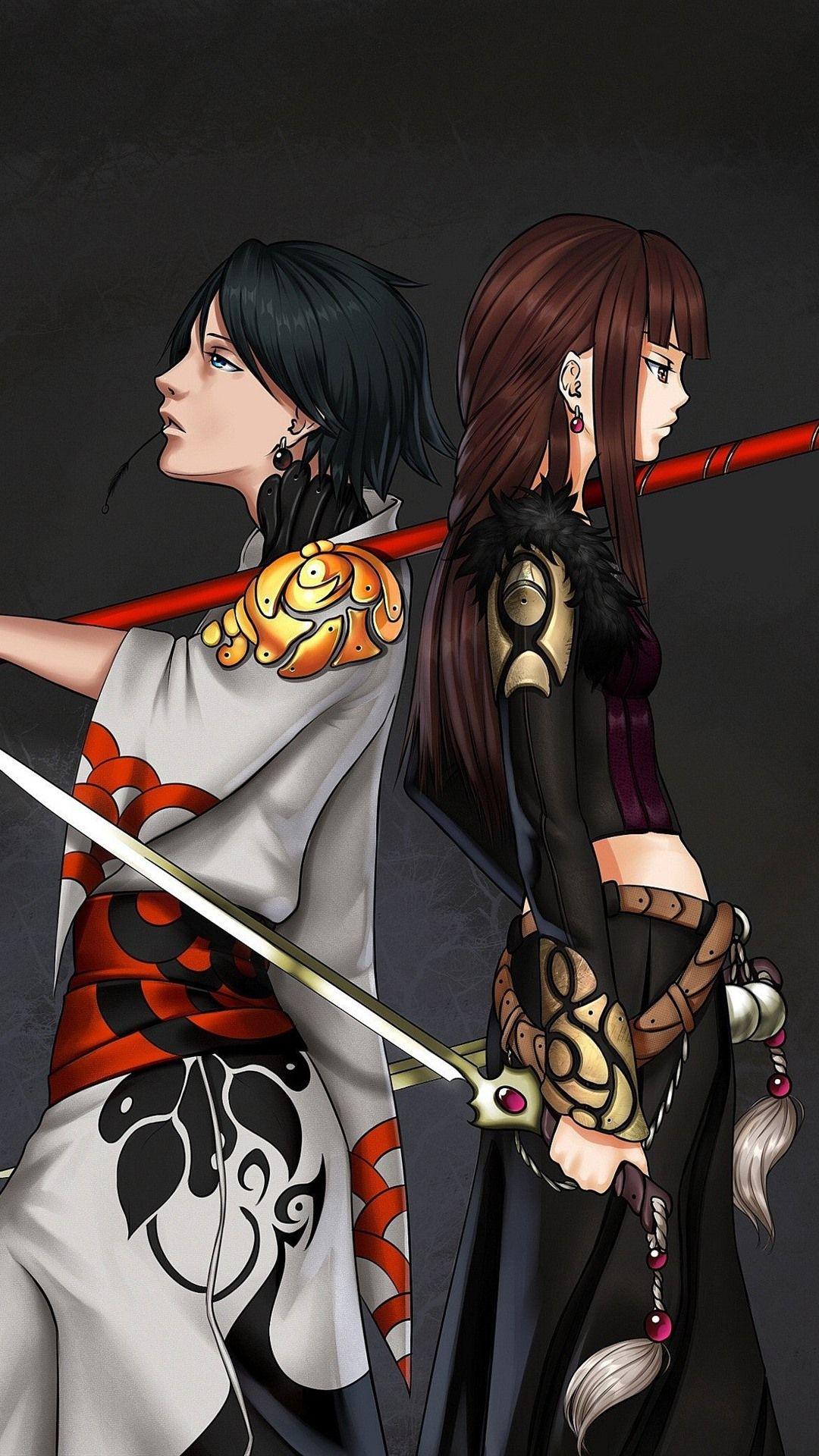 1080x1920 Two Anime Girls, Sword, Black Background 1080x1920 IPhone 8 7 6 6S Plus Wallpaper, Background, Picture, Image