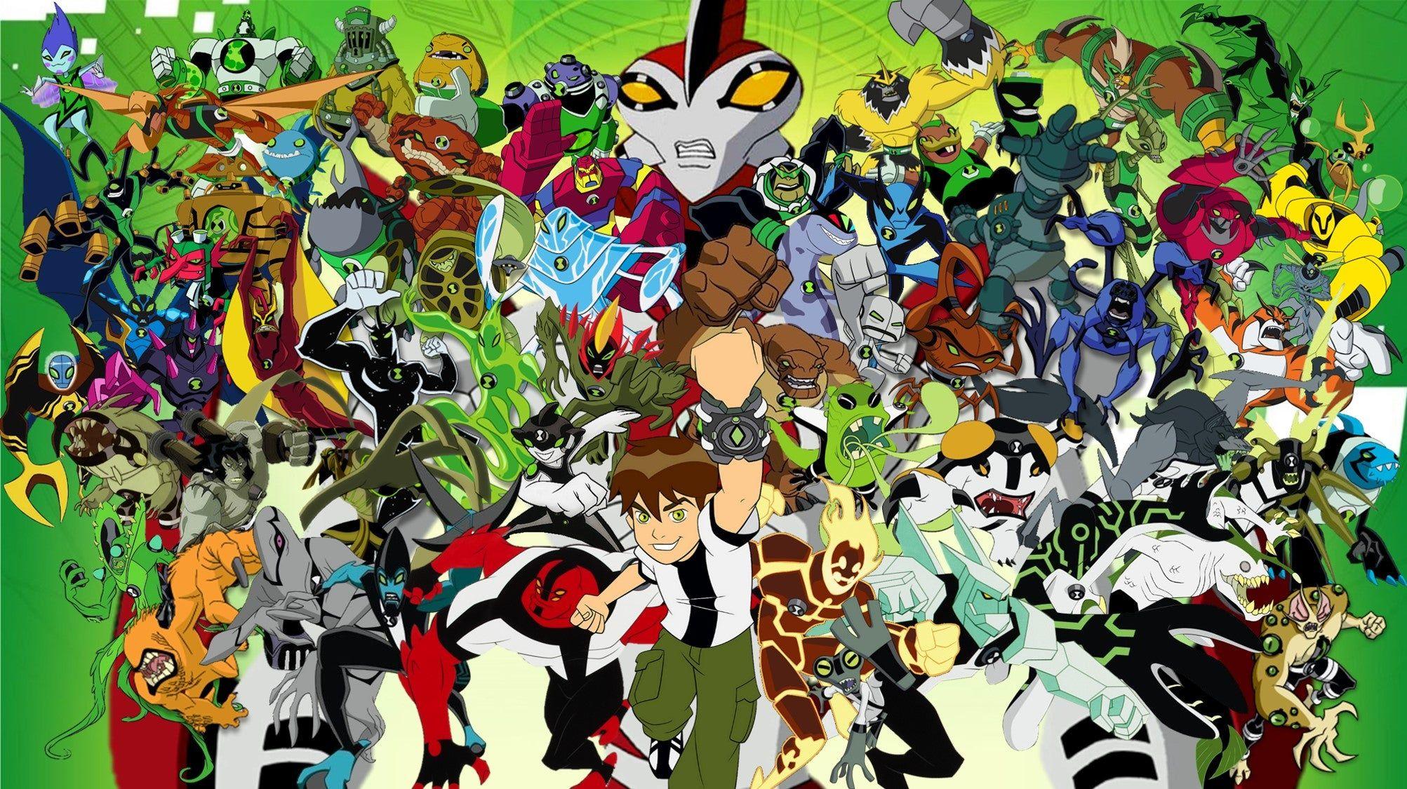 2005x1125 A Ben 10 wallpaper I made, featuring Ben and his 62 transformations