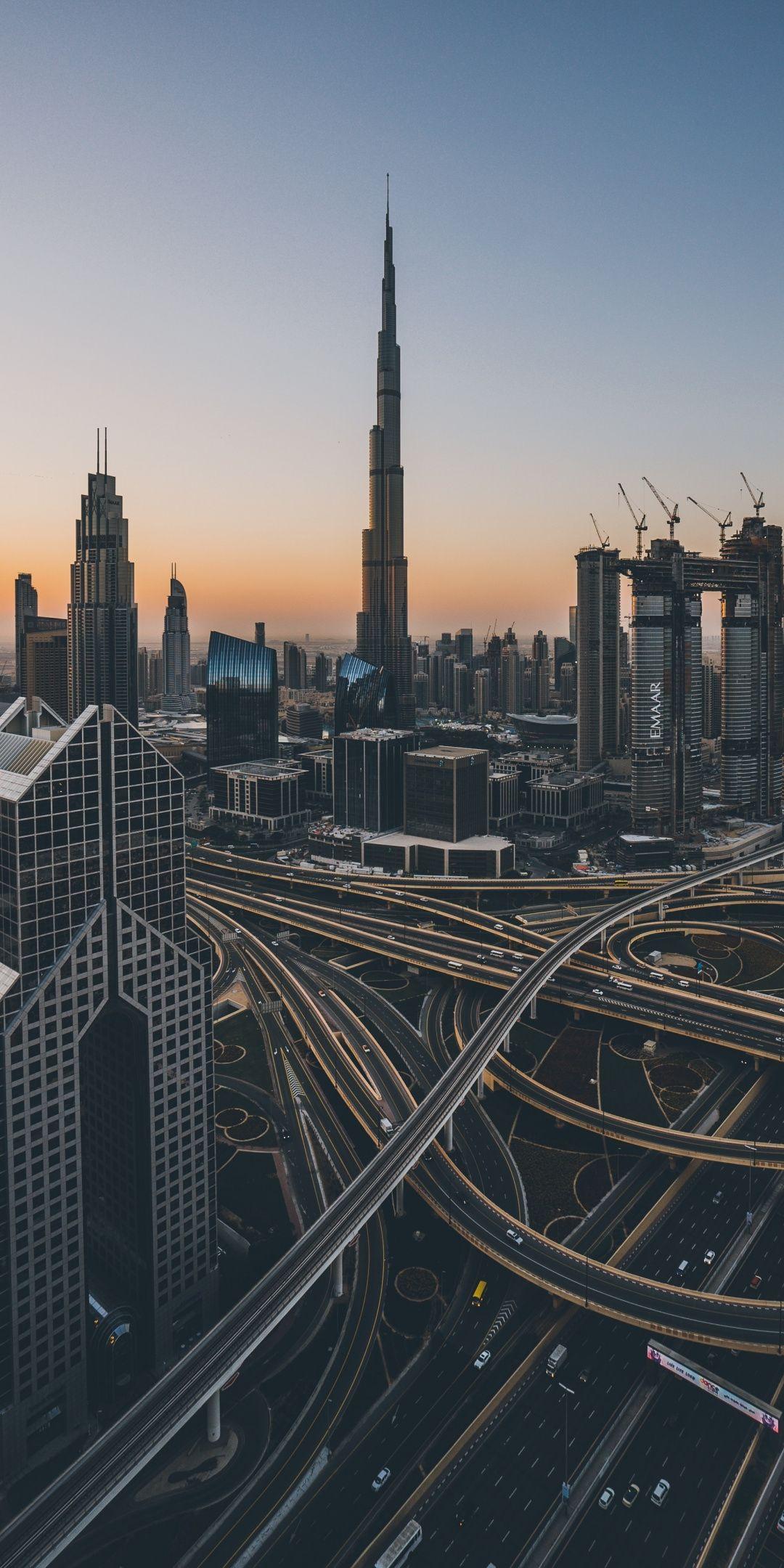1080x2160 Dubai, cityscape, sunrise, road, bridge, buildings Wallpaper. Dubai city, Dubai buildings, Dubai architecture