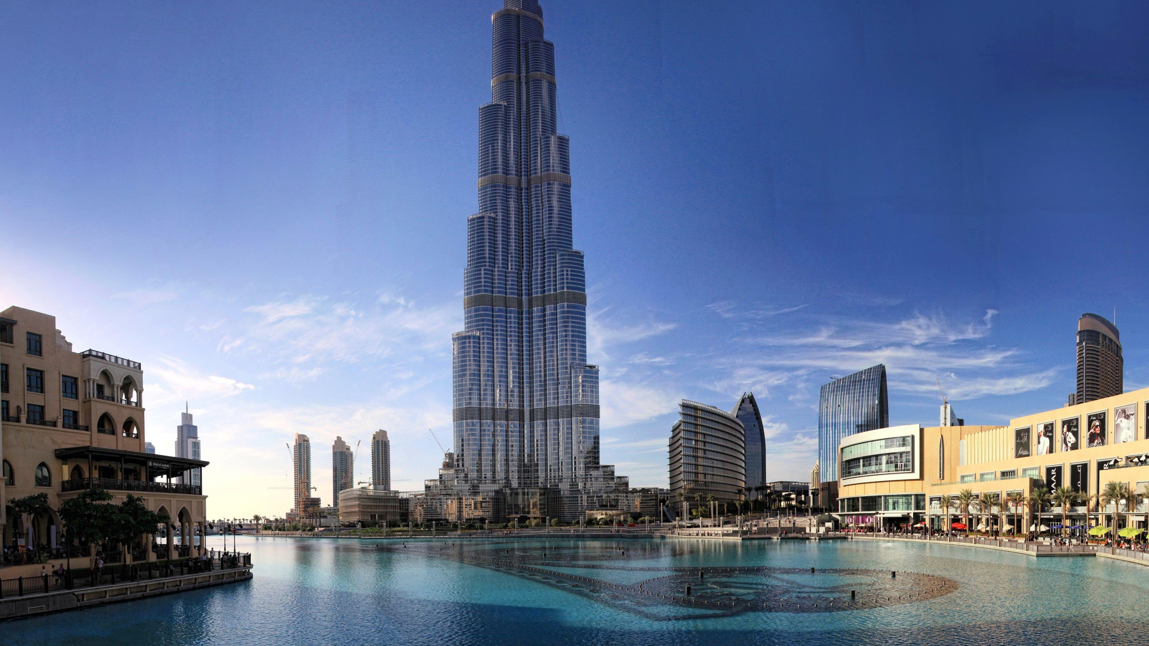 3840x2160 Wallpaper Khalifa Tower, Dubai, sky, clouds, water, pool, hotel, resort, travel, booking, vacation, Travel