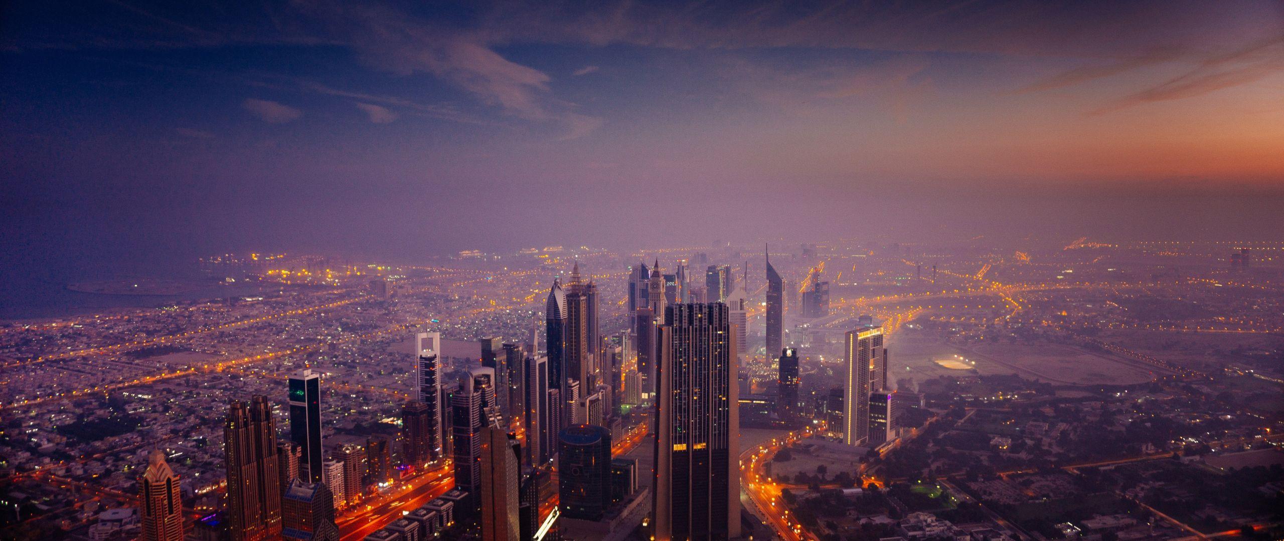 2560x1080 Download 2560x1080 wallpaper cityscape, dubai at night, buildings, sky, aerial view, dual wide, widescreen, 2560x1080 HD image, background, 8895