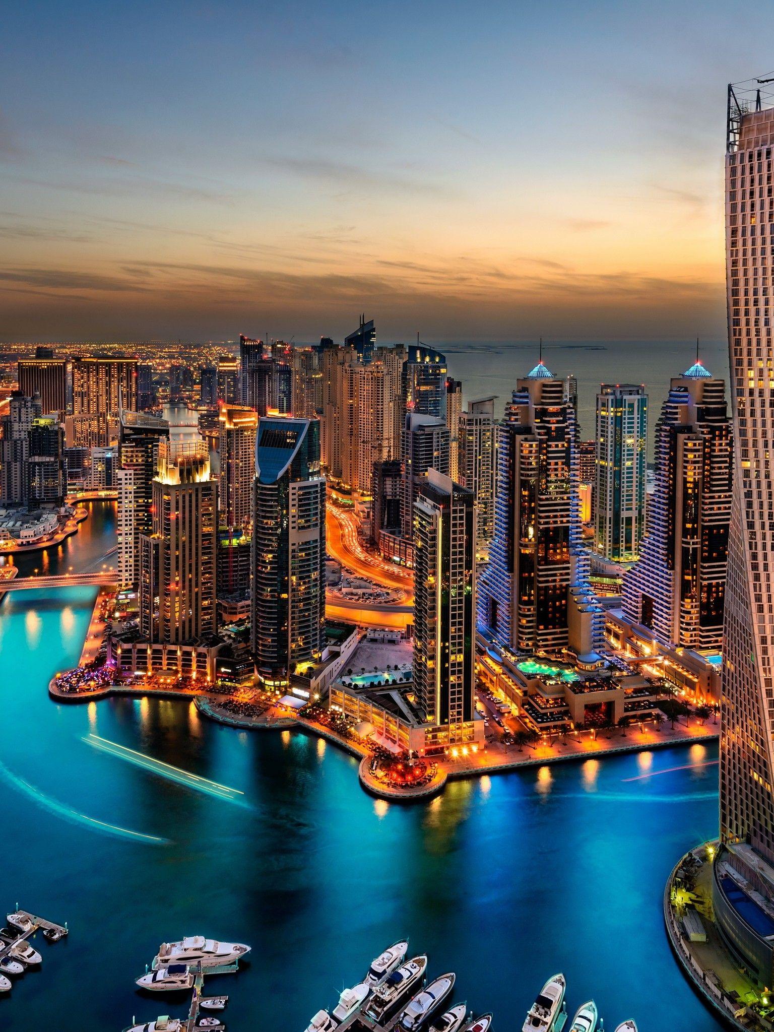 1536x2048 Dubai Marina 4K Wallpaper, Cityscape, Skyline, Skyscrapers, Buildings, City lights, Sunset, Night, World