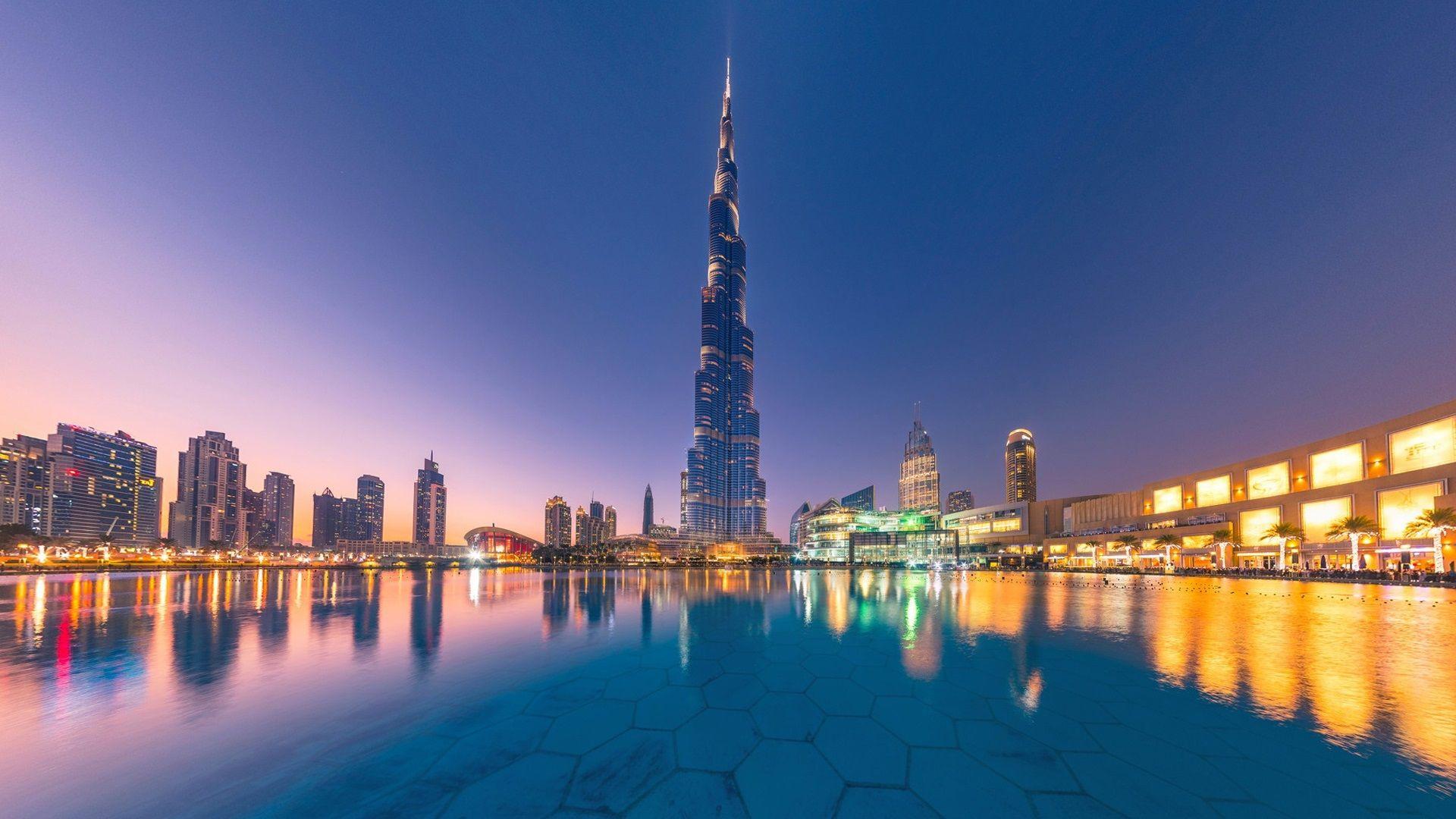 1920x1080 Wallpaper UAE, Dubai, Burj Khalifa, city, water, skyscrapers, dusk 1920x1200 HD Picture, Image