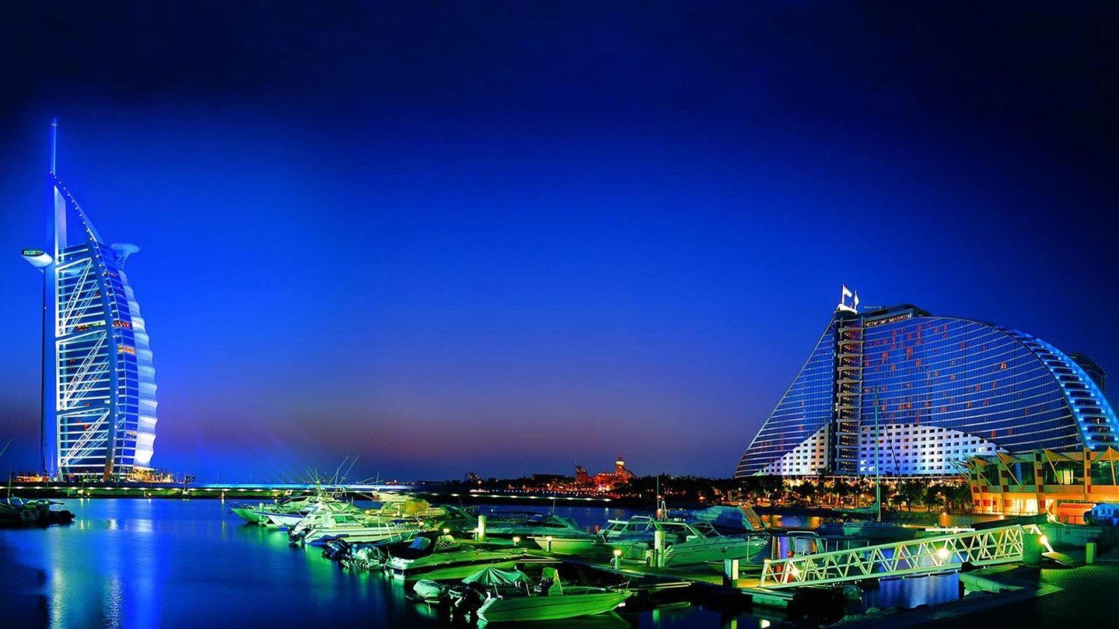 1600x900 Dubai wallpaper, night sky, cityscape, skyscraper, city lights, bay, boats • Wallpaper For You HD Wallpaper For Desktop & Mobile