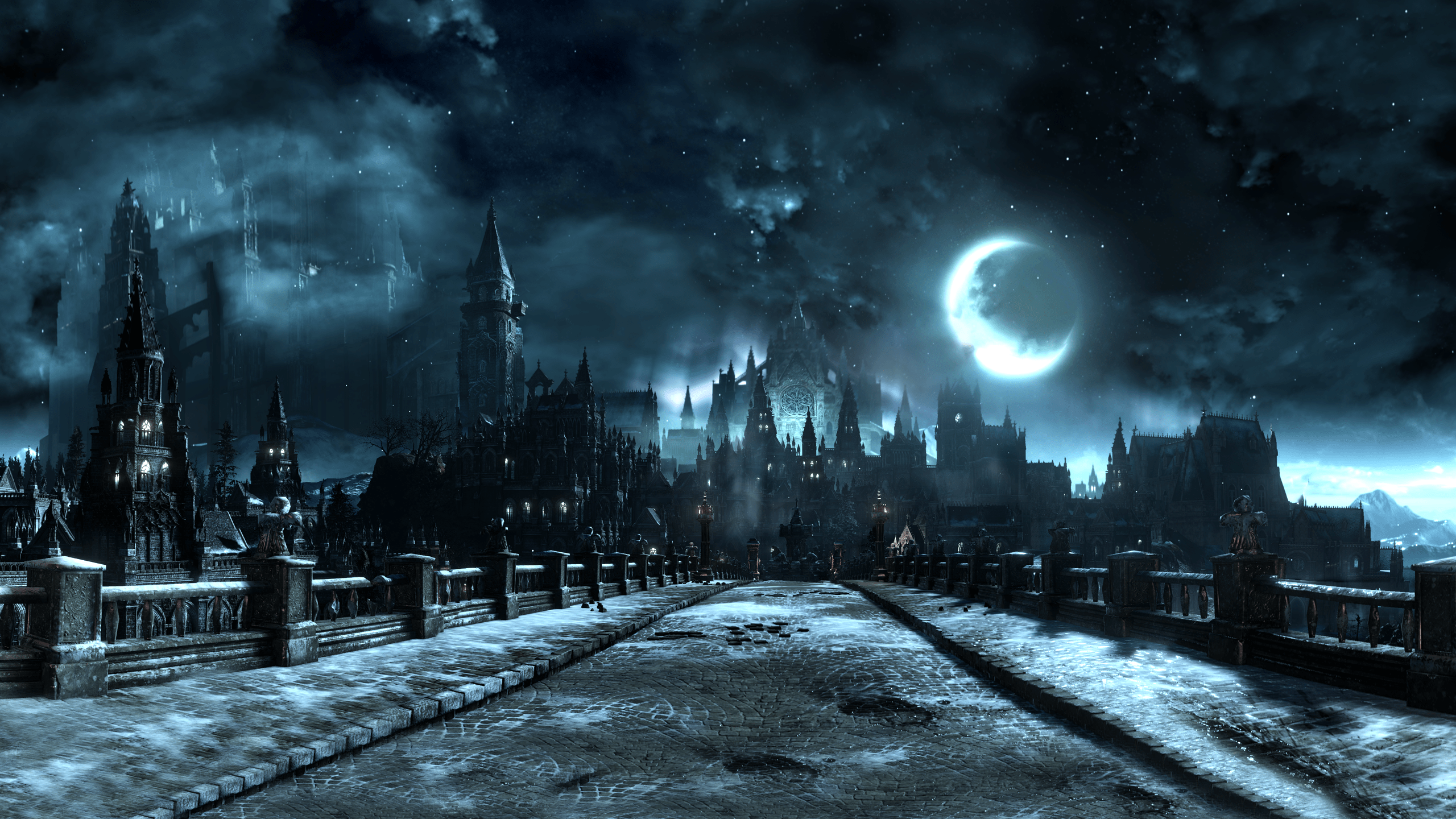 2560x1440 Dark Souls III, #video games, #castle, #cathedral, #bridge, #Moon, #screen shot, #village, #Irithyll. Wallpaper N. Dark souls, Anime wallpaper, Bridge wallpaper