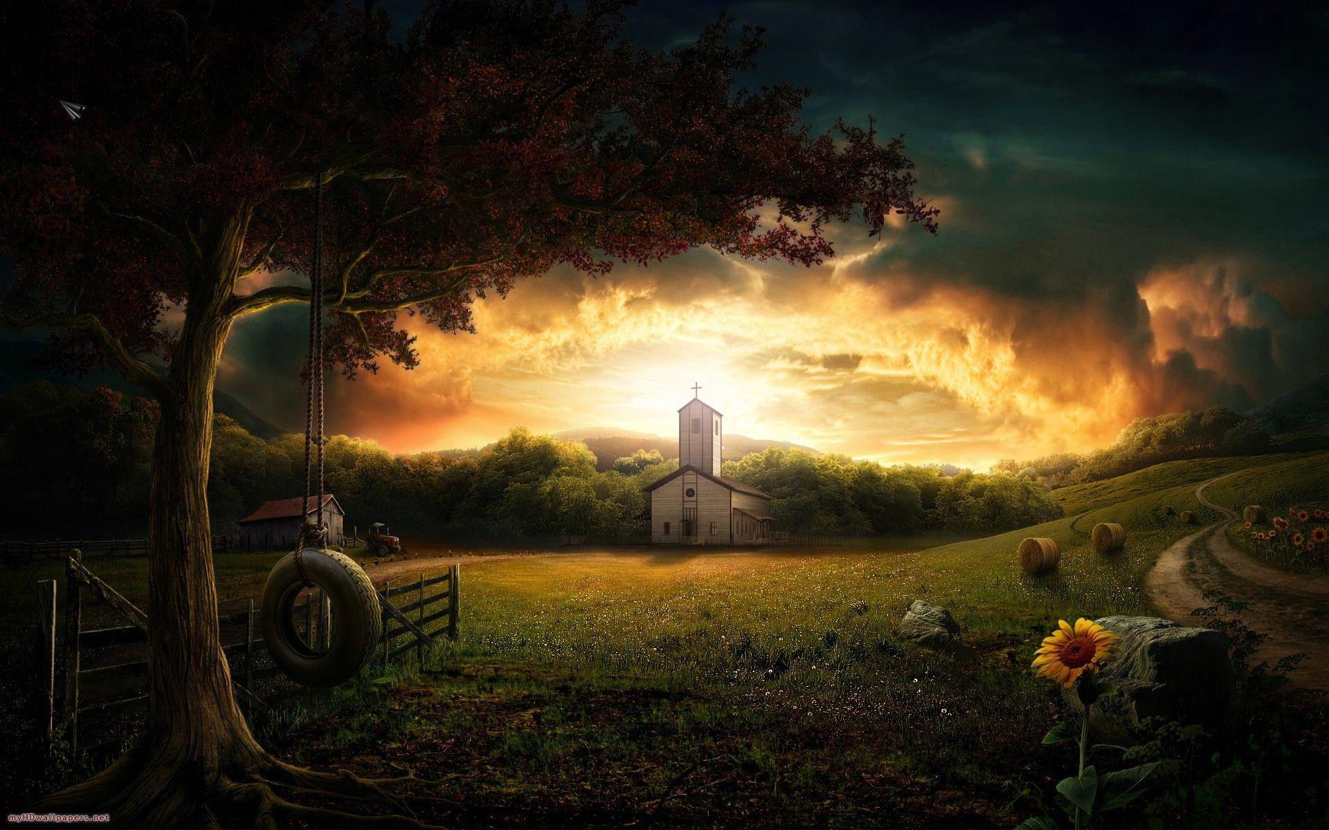 1920x1200 Dark, church, village, wallpaper