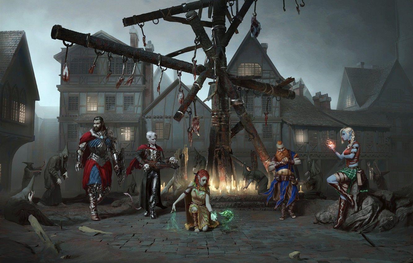 1332x850 Wallpaper dark, fantasy, magic, square, houses, village, artist, digital art, buildings, artwork, warrior, situation, fantasy art, roofs, elves, musician image for desktop, section фантастика