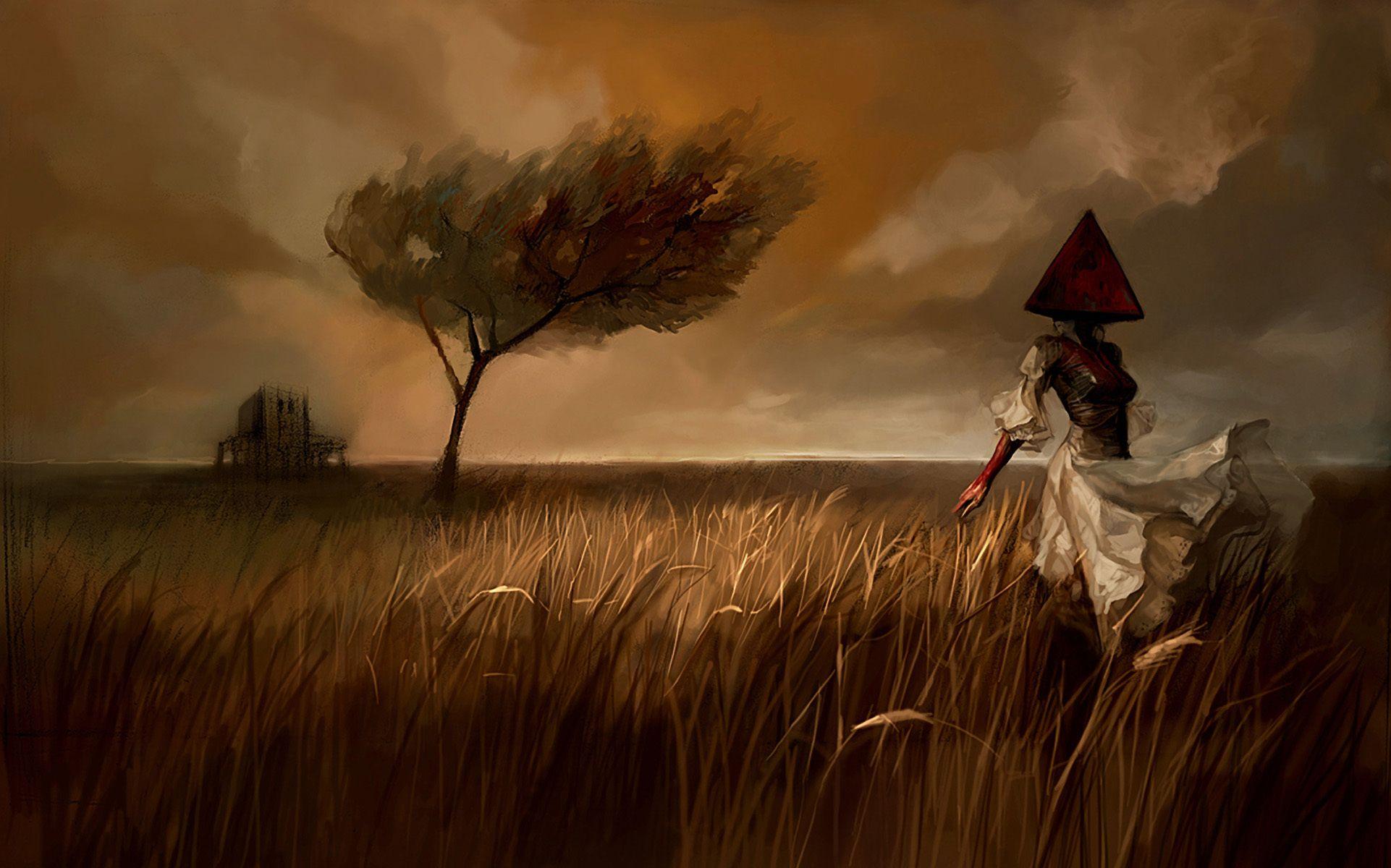 1922x1200 Asian Dark Farm Hat Sky Tree Village Witch Woman Wallpaper:1922x1200