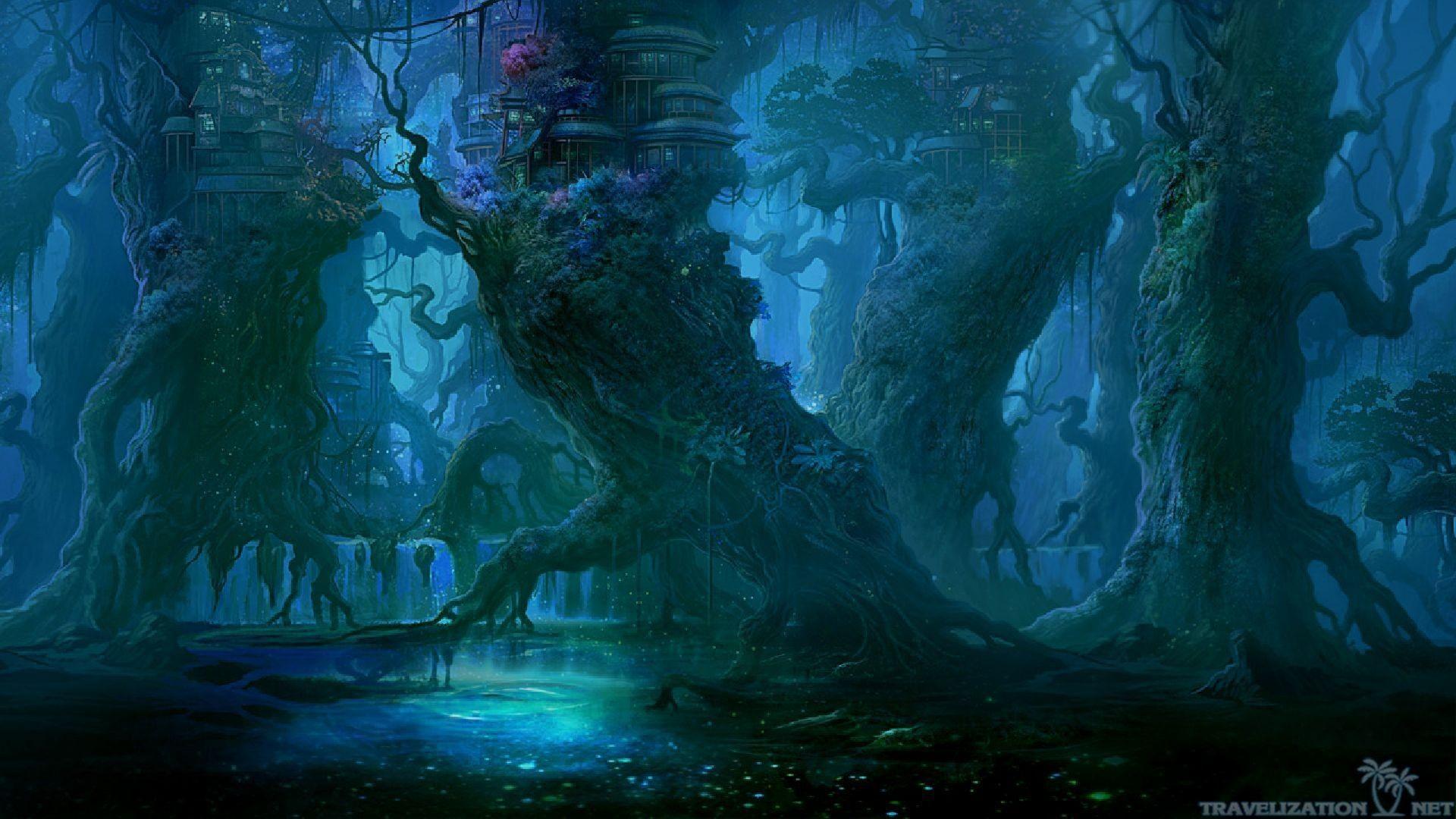 1920x1080 2560Ã—1920. Blue Night Dark Forest Wallpaper. Anime scenery, Fantasy forest, Night scenery