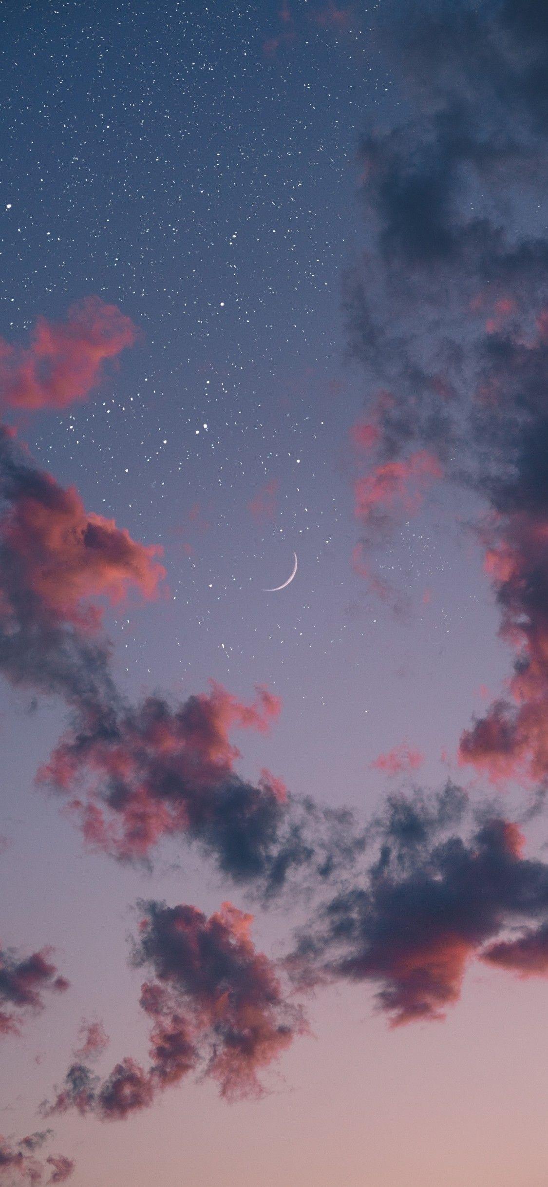 1125x2436 Download 1125x2436 Crescent, Clouds, Stars Wallpaper for iPhone 11 Pro & X