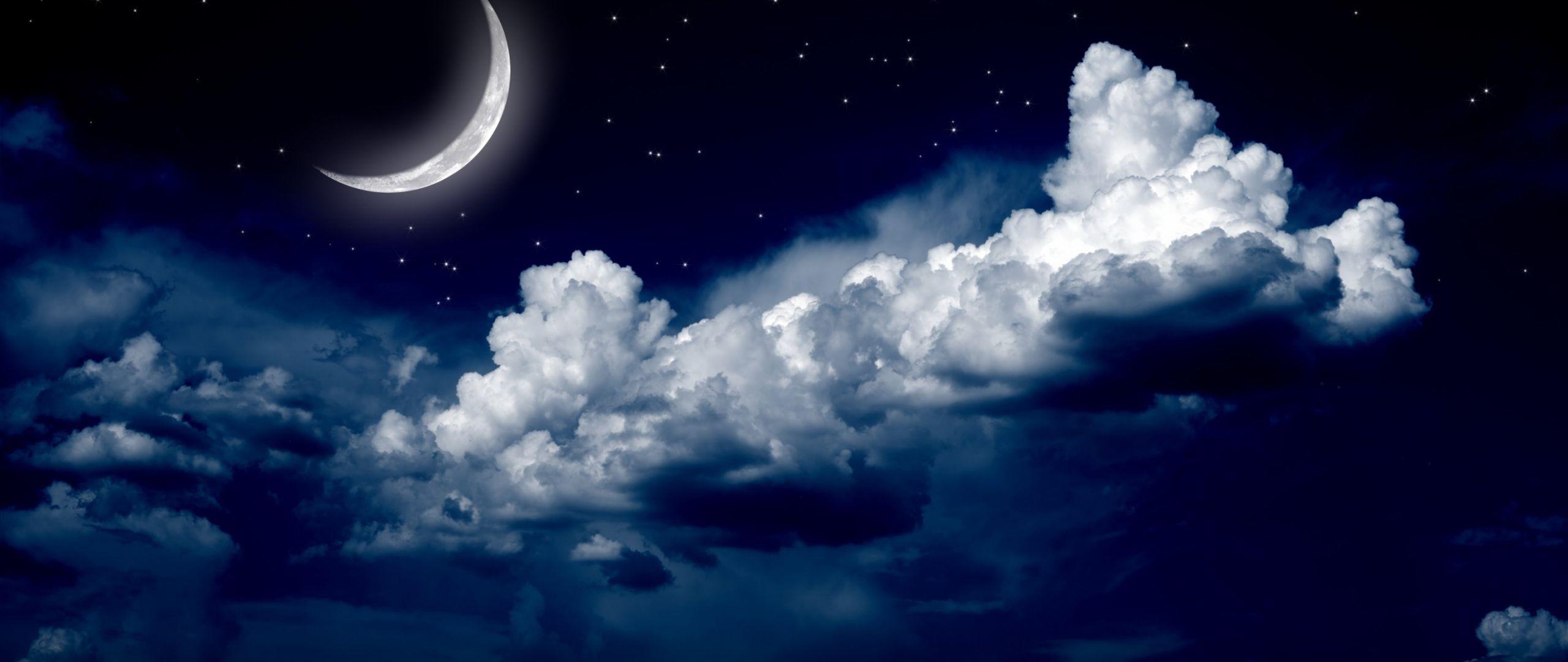 2560x1080 Desktop Wallpaper Moon, Stars And Clouds In Night, HD Image, Picture, Background, Ii6g3q
