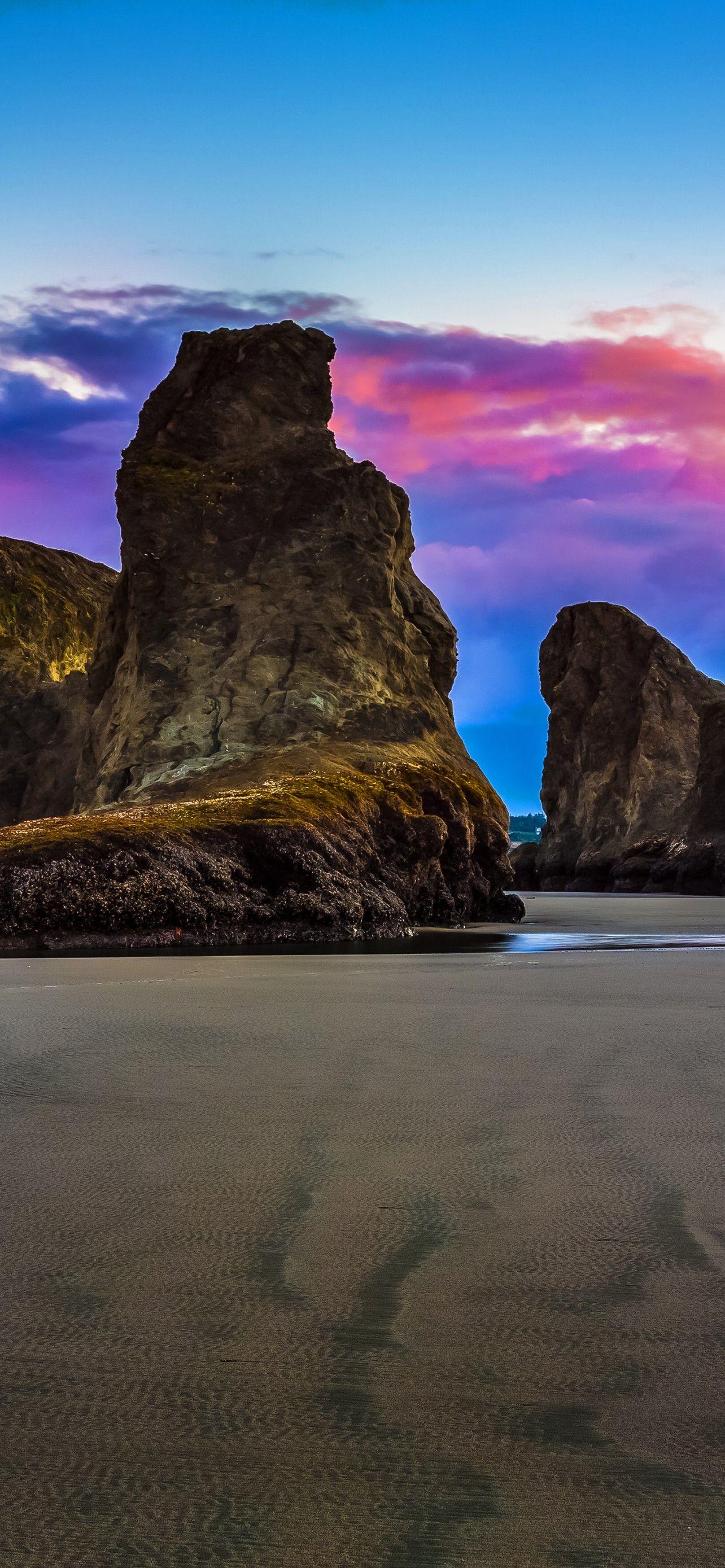 1284x2778 Bandon Beach 4K Wallpaper, Sea stacks, Beach, Rocky coast, Cloudy Sky, Sunset, Beautiful, Landscape, Nature