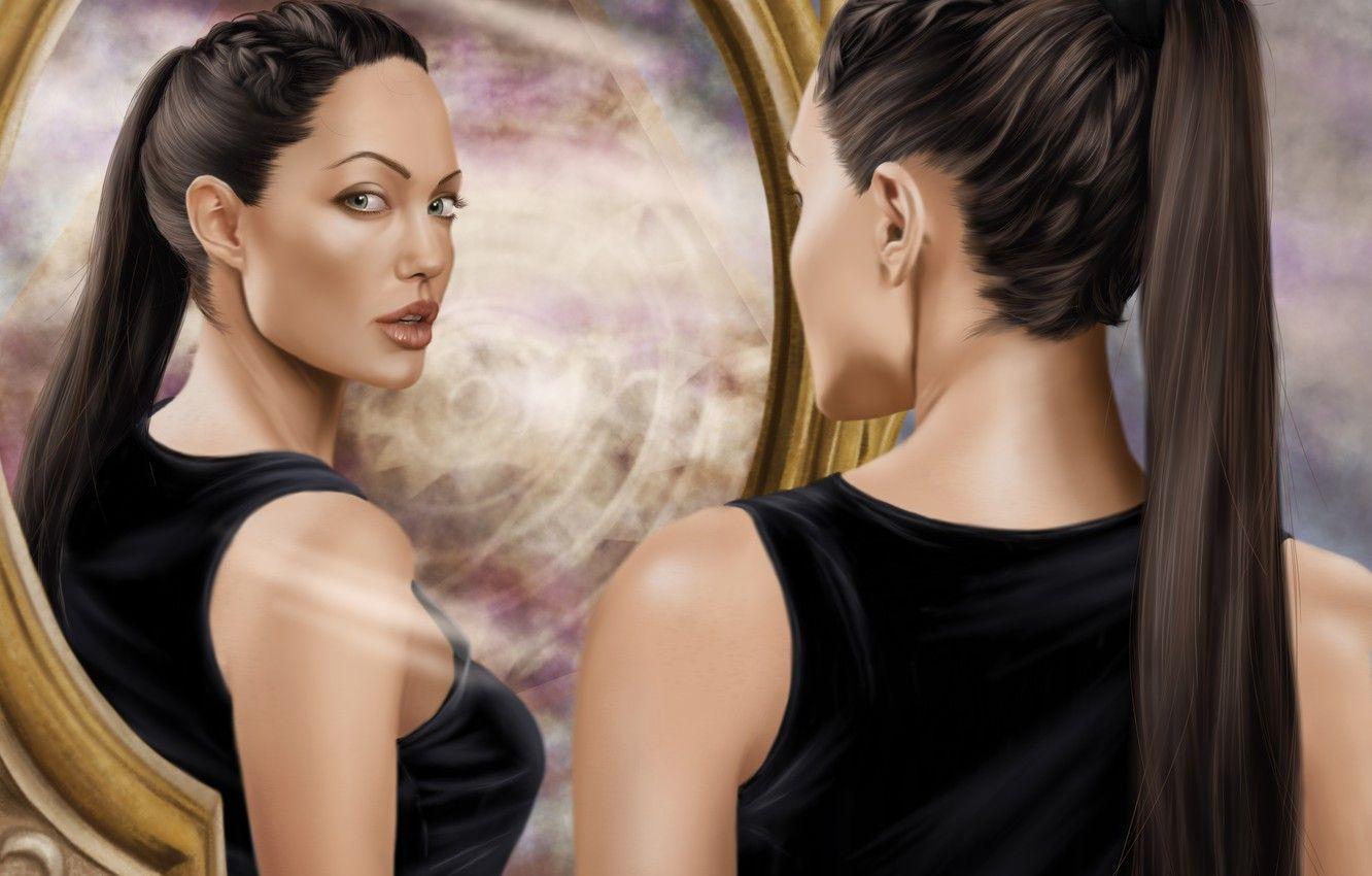 1332x850 Wallpaper look, girl, face, actress, mirror, Angelina Jolie, art, Tomb Raider, Lara Croft image for desktop, section фильмы