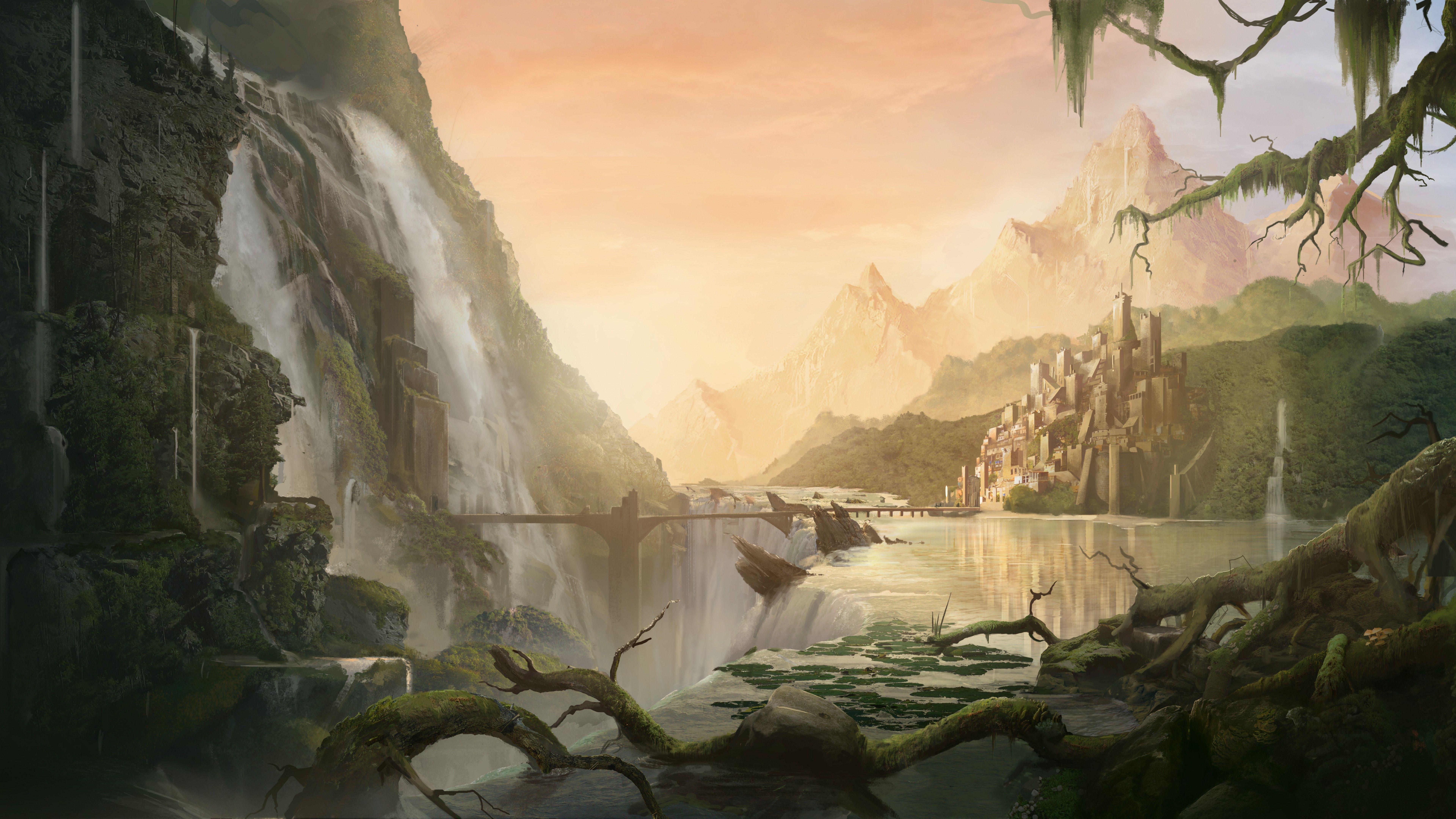 7680x4320 Wallpaper matte painting, 5k, 4k wallpaper, 8k, art, village, city, forest, waterfall, bridge, river, OS