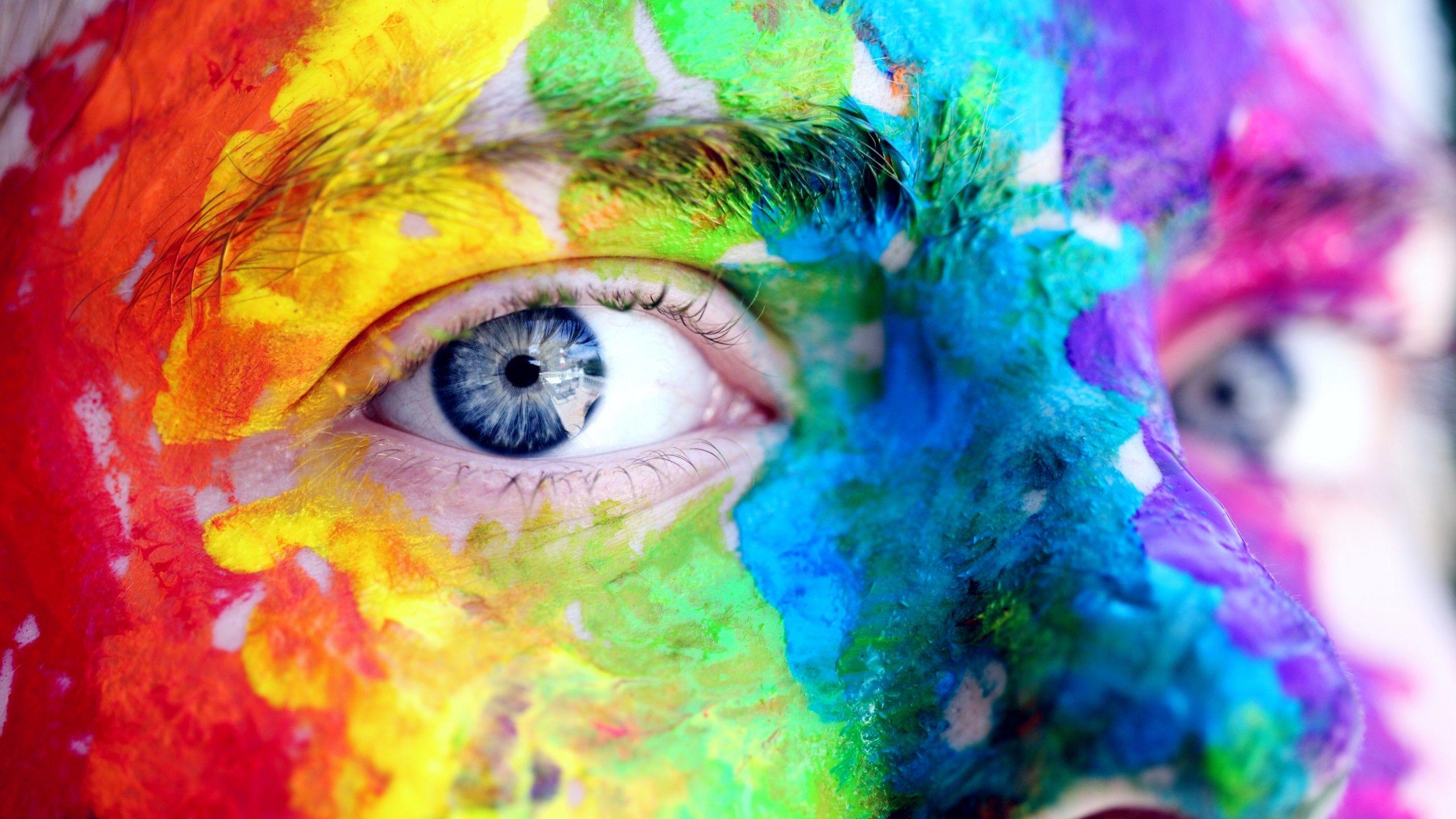 2560x1440 Face 4K Wallpaper, Closeup, Paint, Colorful, Blue eyes, 5K, Photography