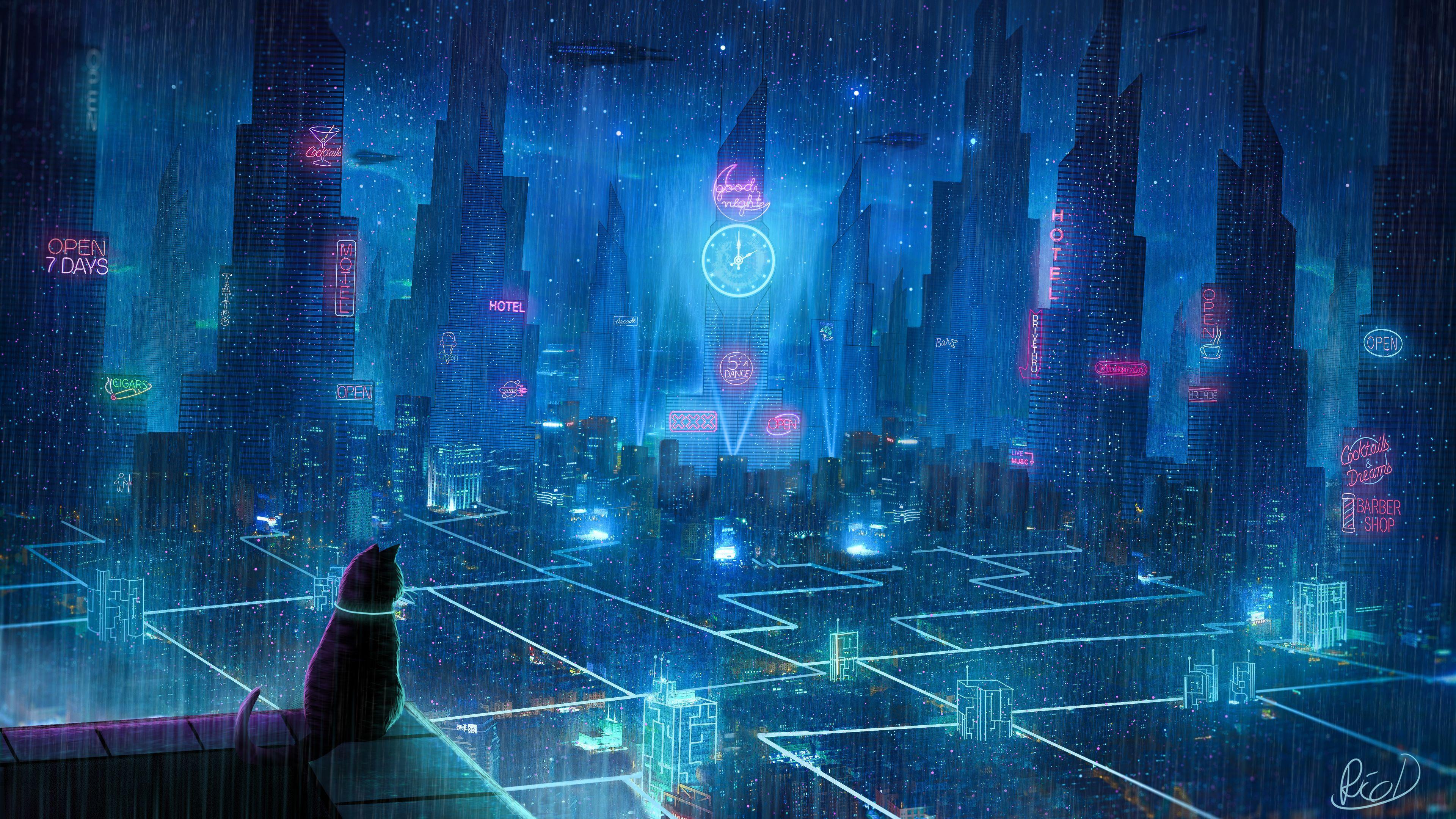 3840x2160 Cat Rain Dream Cyberpunk City 4k Rain Wallpaper, Hd Wallpaper, Digital Art Wallpaper, Wallpaper, C. Cyberpunk City, Rain Wallpaper, City Wallpaper