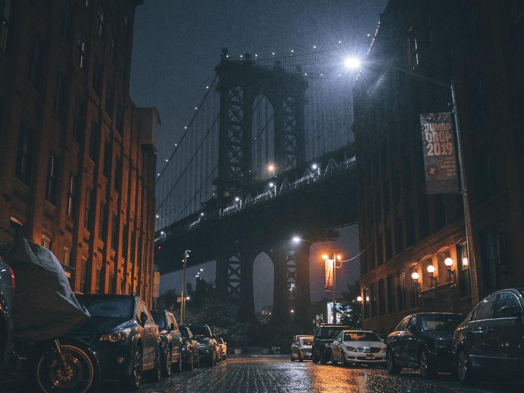 1024x768 Desktop wallpaper sidewalk near bridge, city, night, HD image, picture, background, 0ddc7d