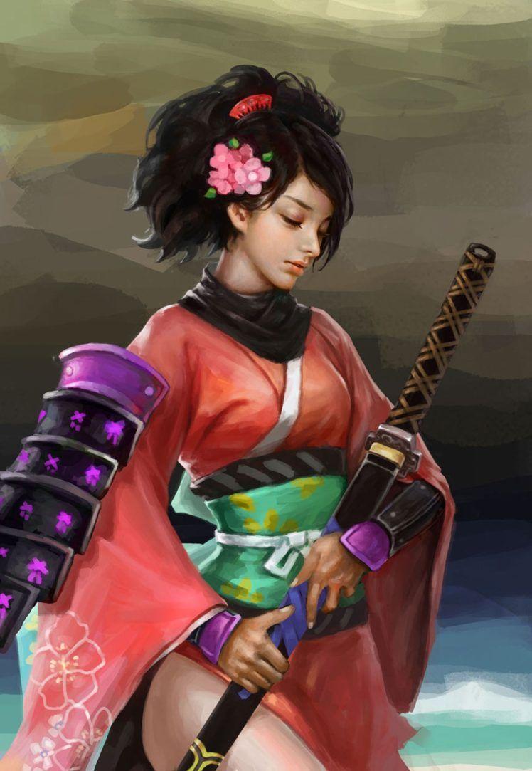 748x1083 samurai, Girl, Sword, Kimono, Flower, Hair, Warrior, Face, Beauty Wallpaper HD / Desktop and Mobile Background