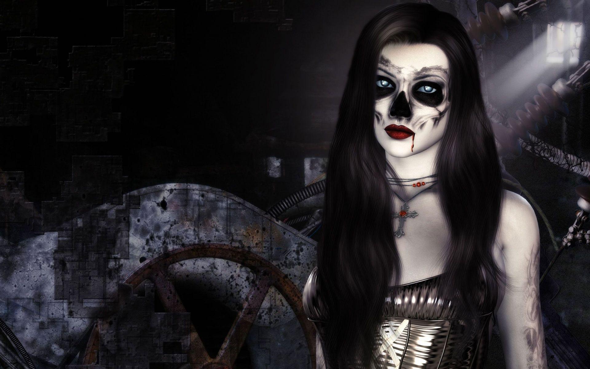 1920x1200 dark, Horror, Fantasy, Gothic, 3D, Cg, Digital, Art, Vampire, Evil, Women, Face, Skull, Brunette Wallpaper HD / Desktop and Mobile Background