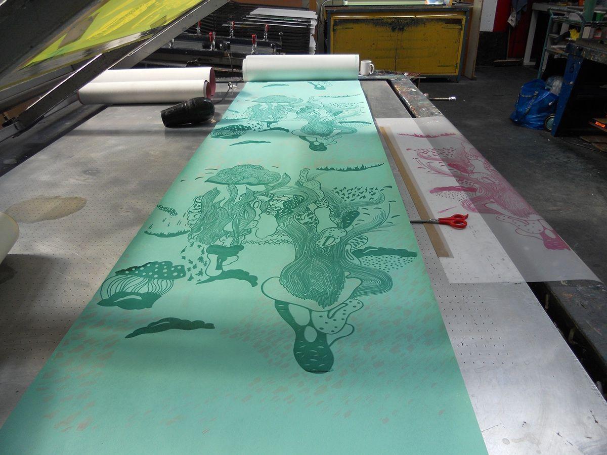 1200x900 HAND screen printed wallpaper FLYING CASTLE / printing process silkscreen printed wa. Print wallpaper, Screen printing, Hand screen printed