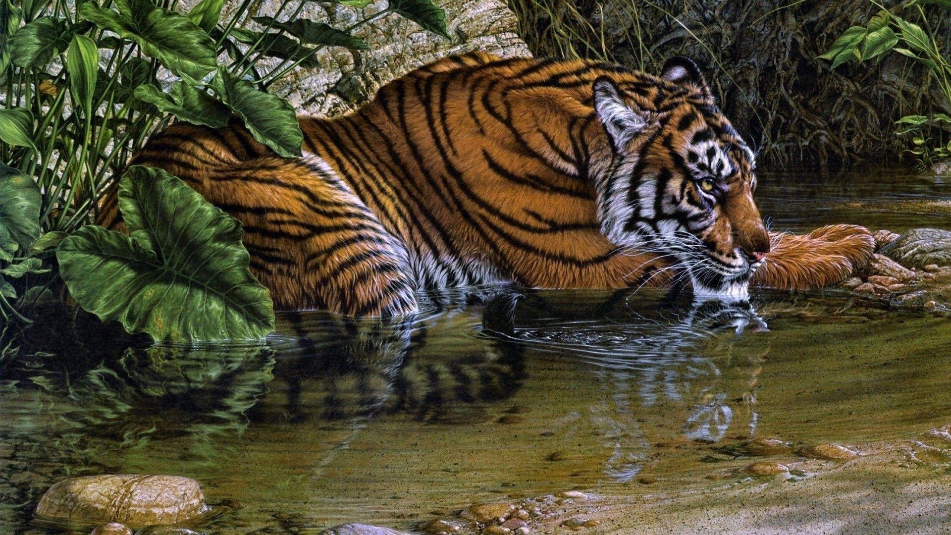 1920x1080 Animal Artistic Leaf Painting Pond Tiger Wallpaper:1920x1080