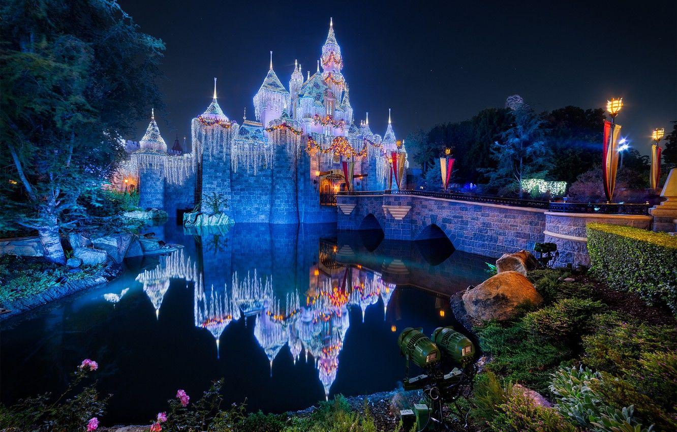 1332x850 Wallpaper bridge, pond, reflection, castle, CA, California, illumination, Disneyland, Anaheim, Sleeping Beauty's Castle, Anaheim, Sleeping Beauty Castle, Disneyland image for desktop, section пейзажи