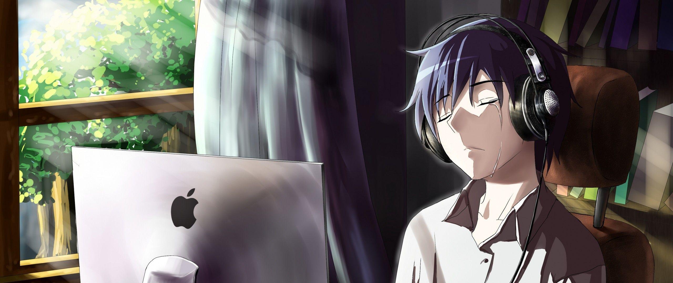 2560x1080 Preview Wallpaper Guy, Anime, Computer, Tears, Sadness, Boy Wallpaper 4k