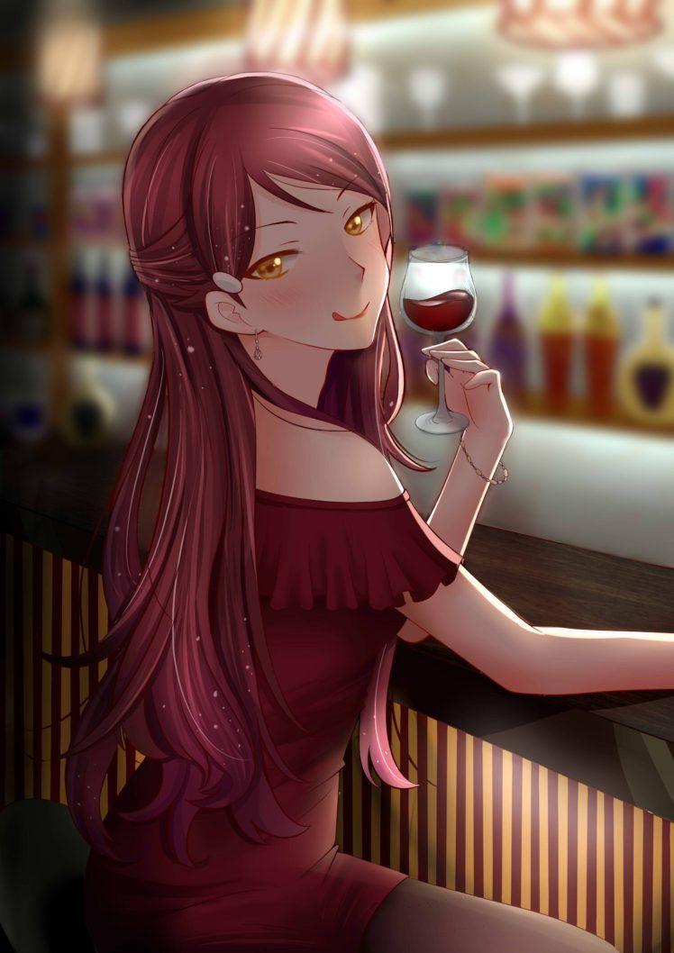 748x1058 long hair, Redhead, Anime, Anime girls, Love Live!, Love Live! Sunshine, Sakurauchi Riko, Yellow eyes, Wine HD Wallpaper / Desktop and Mobile Image & Photo