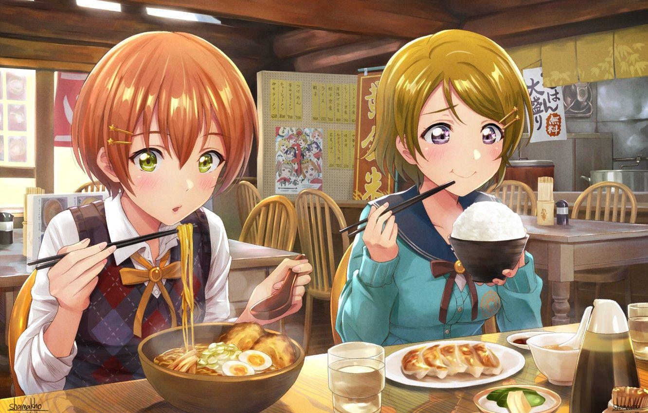 1332x850 Photo Wallpaper Food, Cafe, Anime, Girls, Love Live Anime Girl Eating Ramen