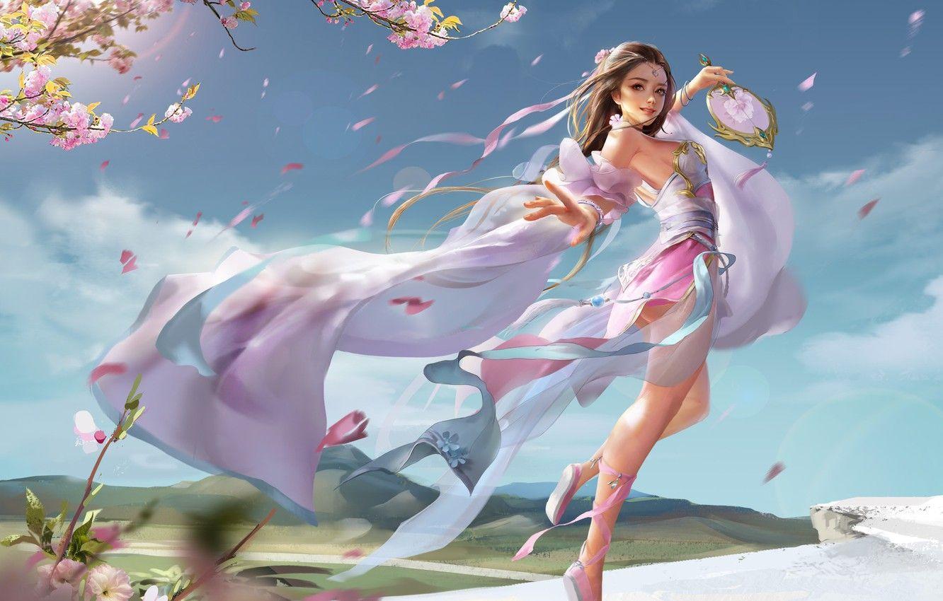1332x850 Wallpaper girl, flowers, fantasy, mood, the wind, dance, spring, anime, Sakura, fan, art, Jianyachi L, Miao wu image for desktop, section игры