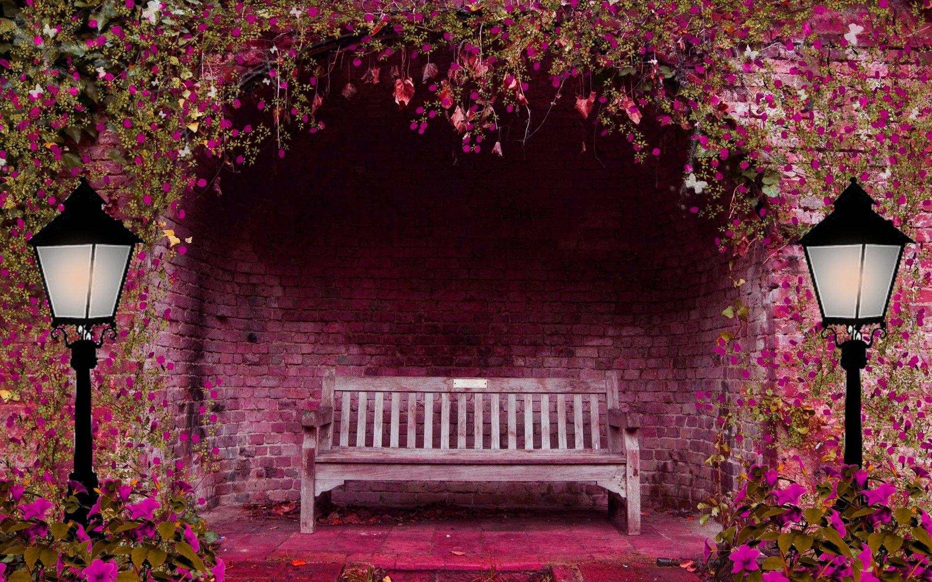 1920x1200 spring, Garden, Flowers, Arch, Bench, Lights, Pink, Lamps, Brick Wallpaper HD / Desktop and Mobile Background