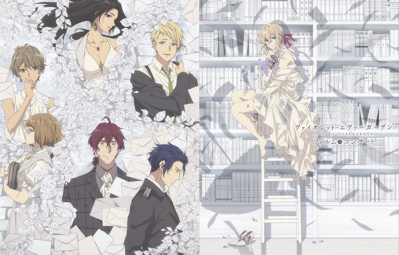 1332x850 Wallpaper books, ladder, tie, white dress, characters, military uniform, barefoot, letters, Violet Evergarden, Cattleya Baudelaire, Benedict Blue, Claudia Hodgins, Gilbert Bougainvillea, by Akiko Takase, Erica Borwn, Iris Cannary image for desktop