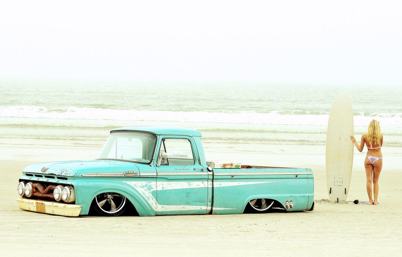 1332x850 Wallpaper Ford, Girl, Bikini, Beach, Old, Truck, Blonde, Lowrider, Sea, Custom, Low, Pick up, Surfing board image for desktop, section ford