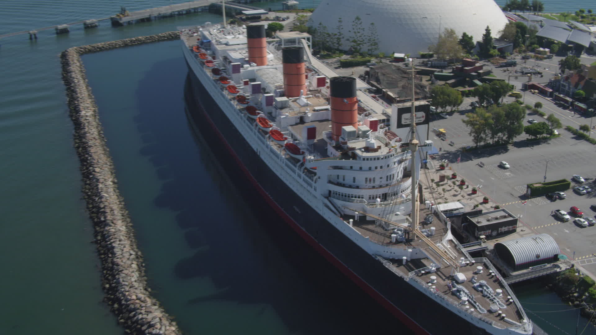 1920x1080 4K stock footage aerial video approach RMS Queen Mary, tilt for bird's eye of ship, Long Beach, California Aerial Stock Footage DCA06_024