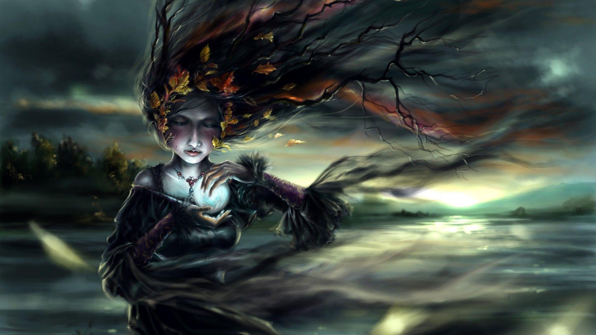 1920x1080 Fantasy art witch dark globe sphere cyrstal ball leaves autumn fall magic goddess women females occult wallpaperx1080