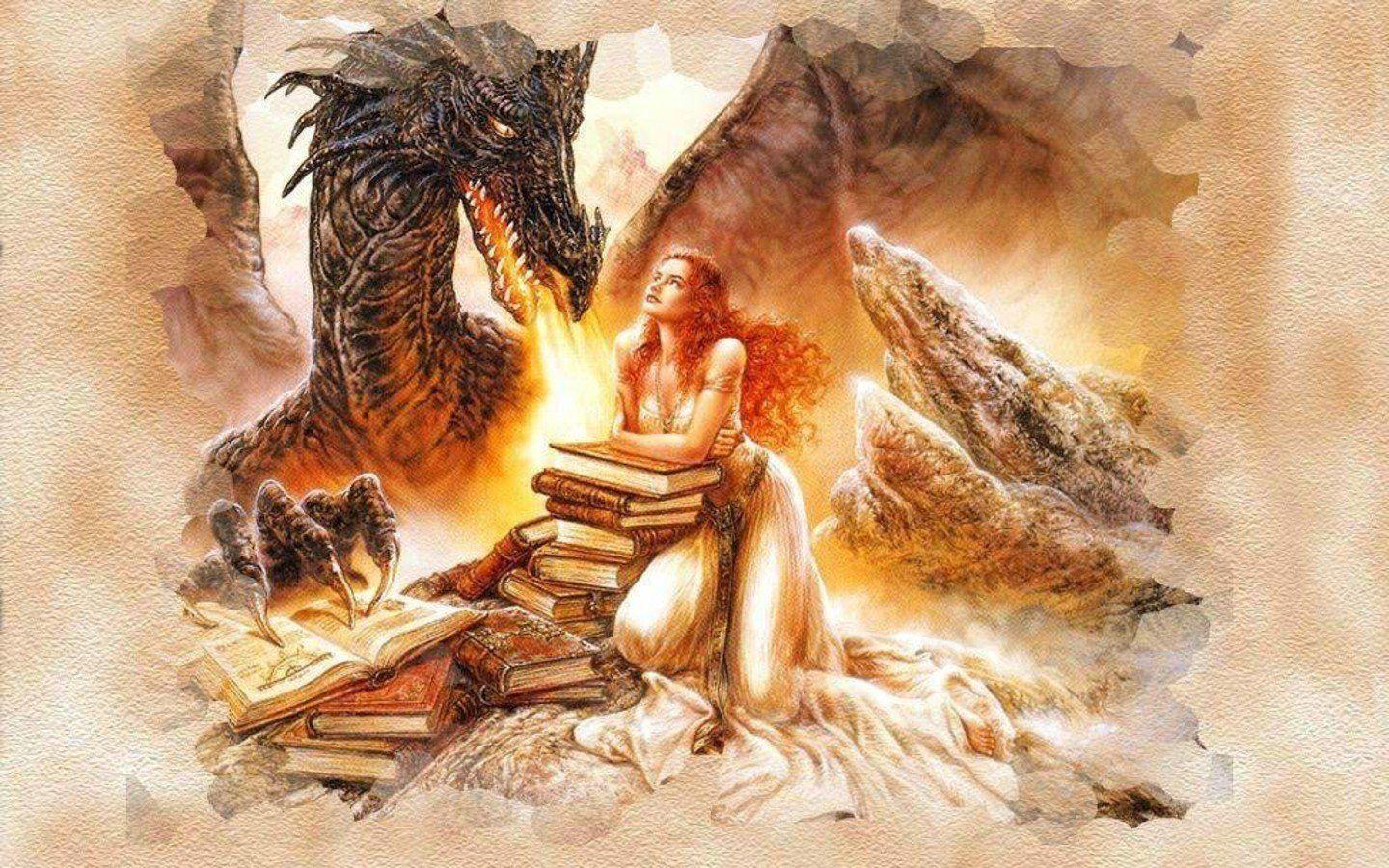 1440x900 Woman and Dragon Wallpaper